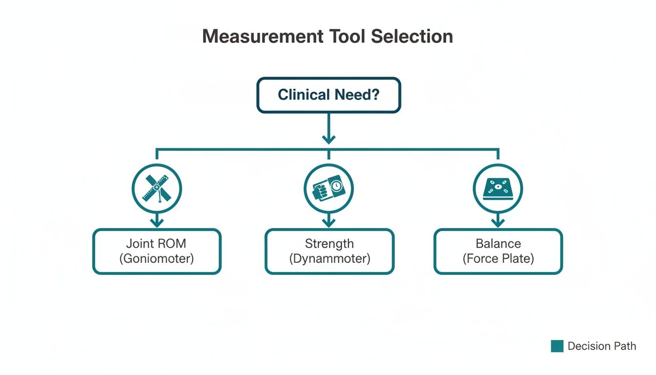 A flowchart showing measurement tool selection based on clinical need, categorizing tools for joint ROM, strength, and balance.