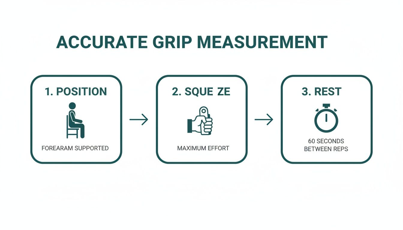 Diagram illustrating three steps for accurate grip strength measurement: position, squeeze, and rest.
