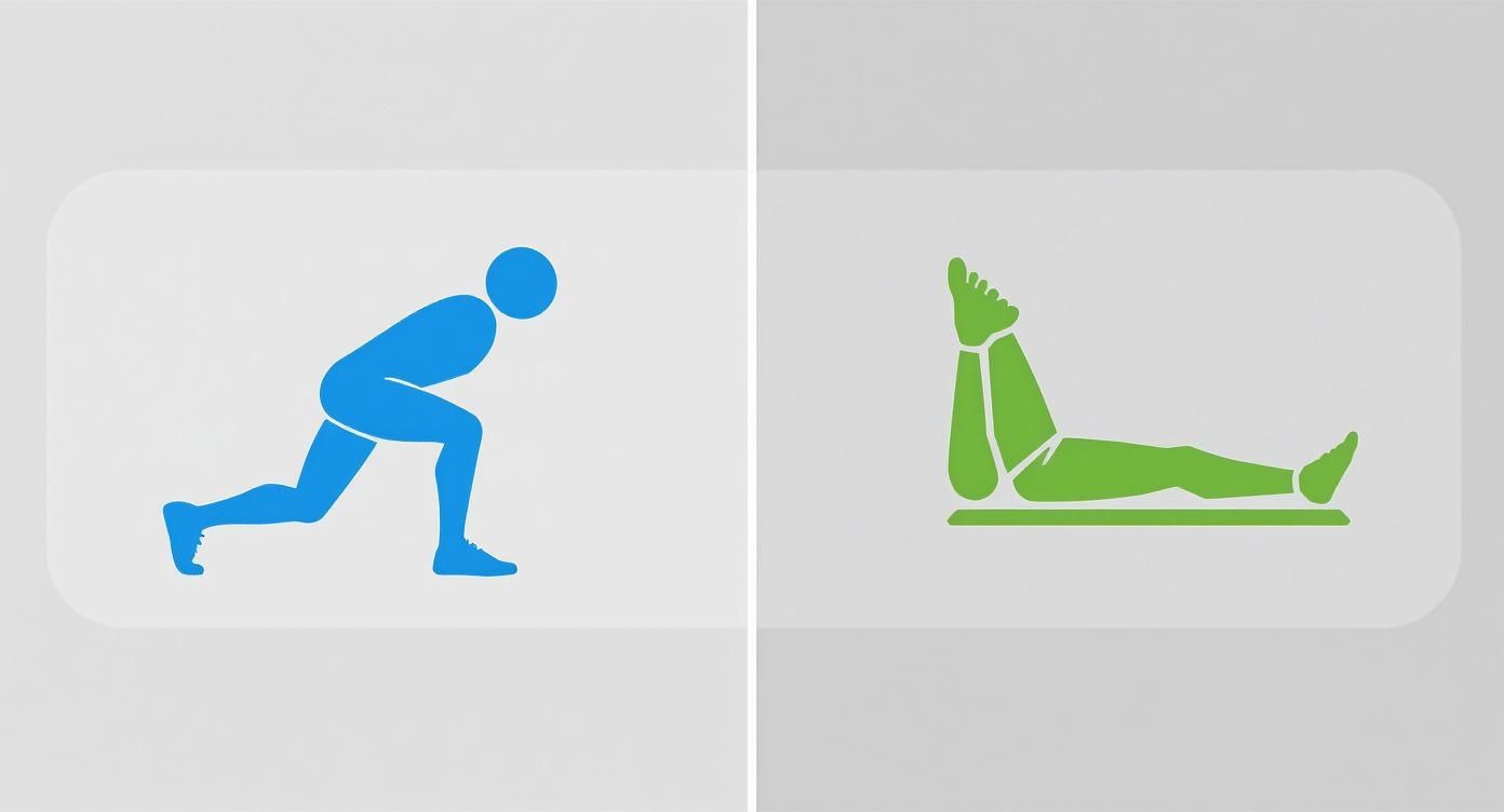Two exercise icons illustrating a lunge and a supine leg raise exercise.