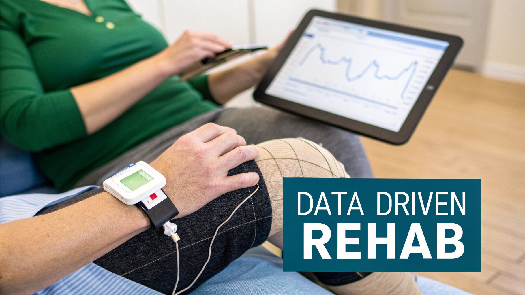 A patient using a digital balance board while a therapist observes the data on a nearby screen.