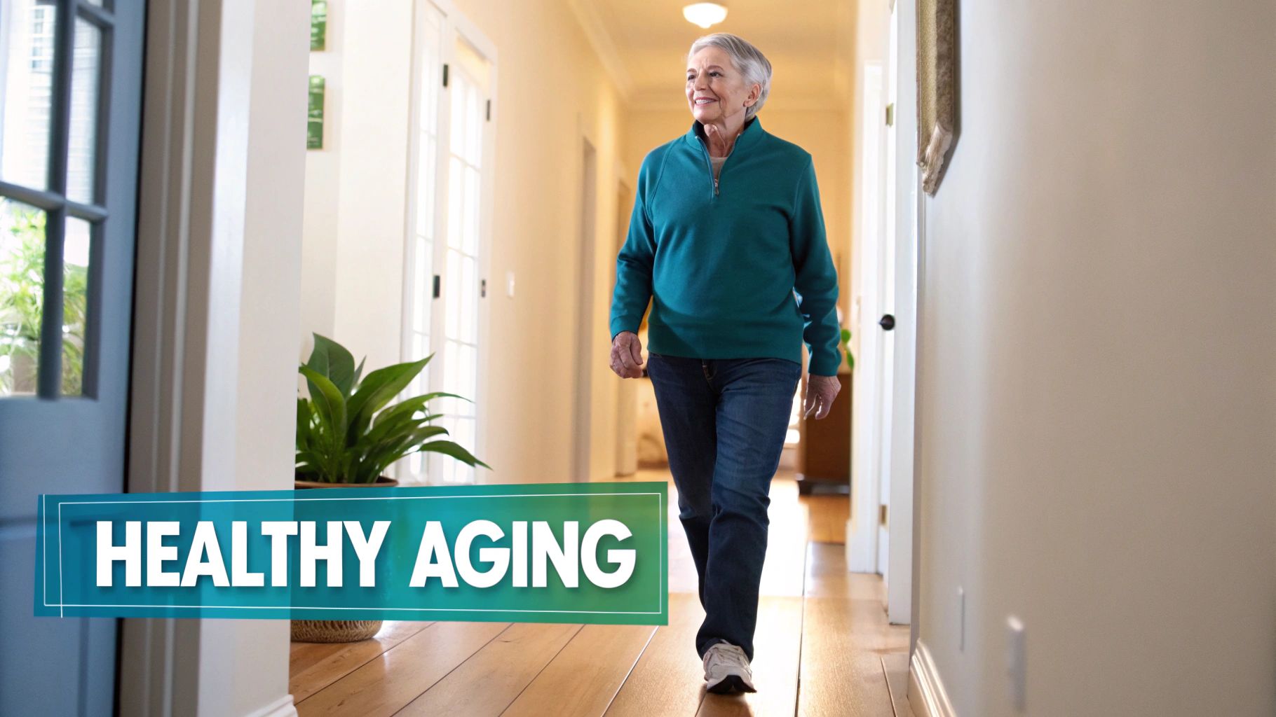 An elderly woman smiles while walking down a bright hallway with text overlay 'HEALTHY AGING'.