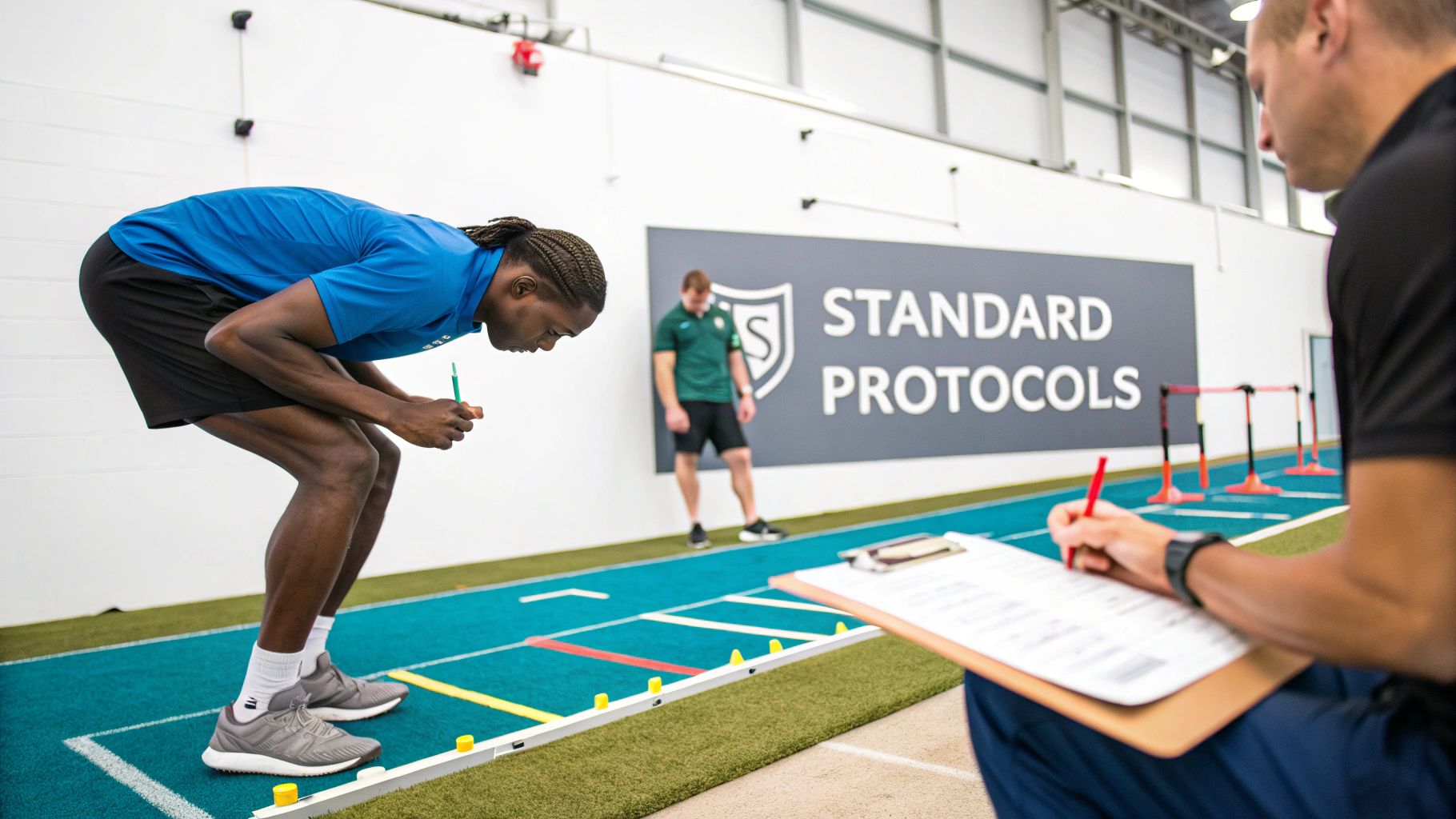 Three men perform and record athletic performance tests on an indoor sports track.