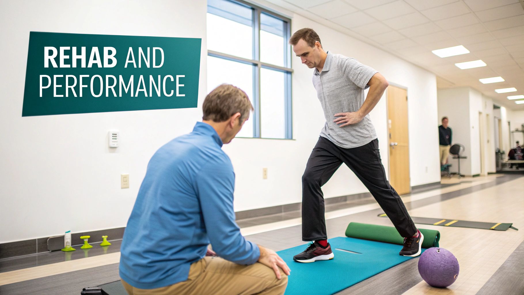 A physical therapist observes a male patient performing a lunge exercise on a mat in a rehab facility.