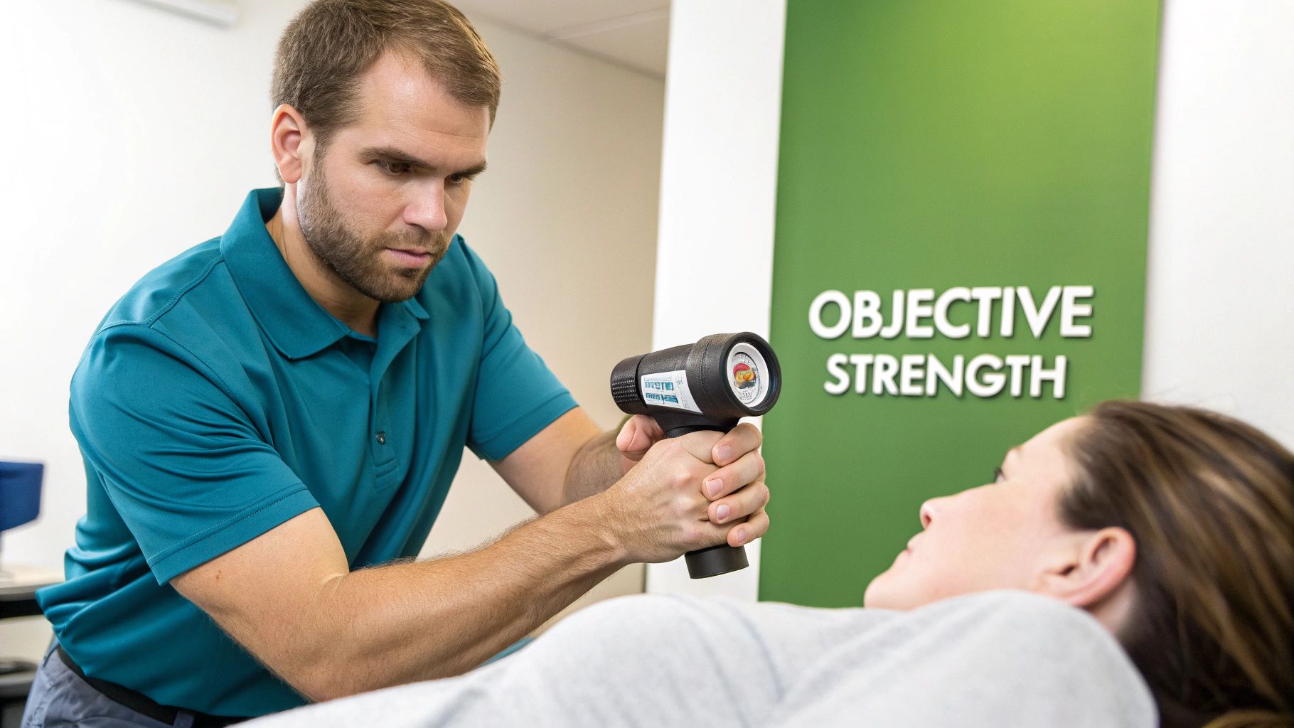 A physical therapist using a dynamometer on a patient's leg.