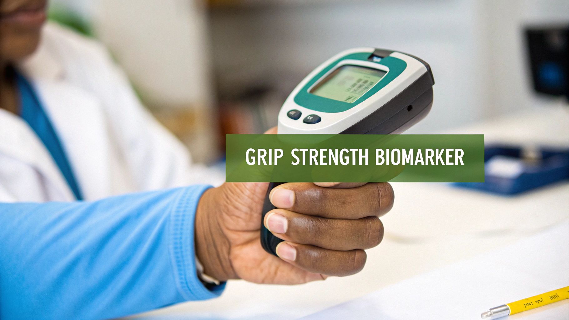 Close-up of a person's hand holding a digital grip strength dynamometer in a clinical setting.