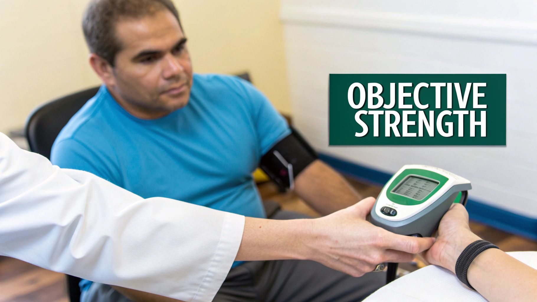 A physical therapist using a digital dynamometer to test a patient's shoulder strength