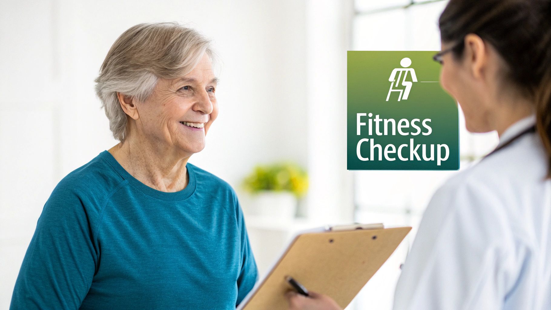A smiling senior woman consults with a doctor holding a clipboard during a fitness checkup.