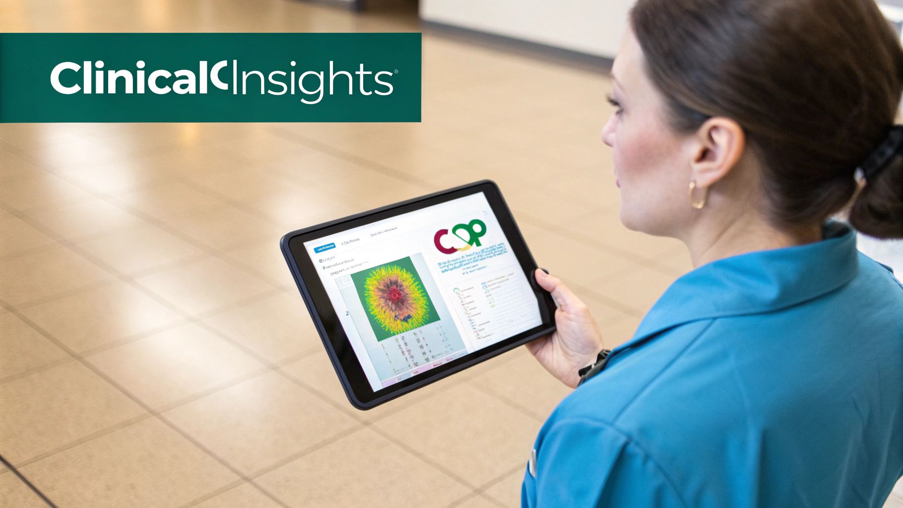 A woman holds a tablet displaying a colorful medical image and data from "Clinical Insights."