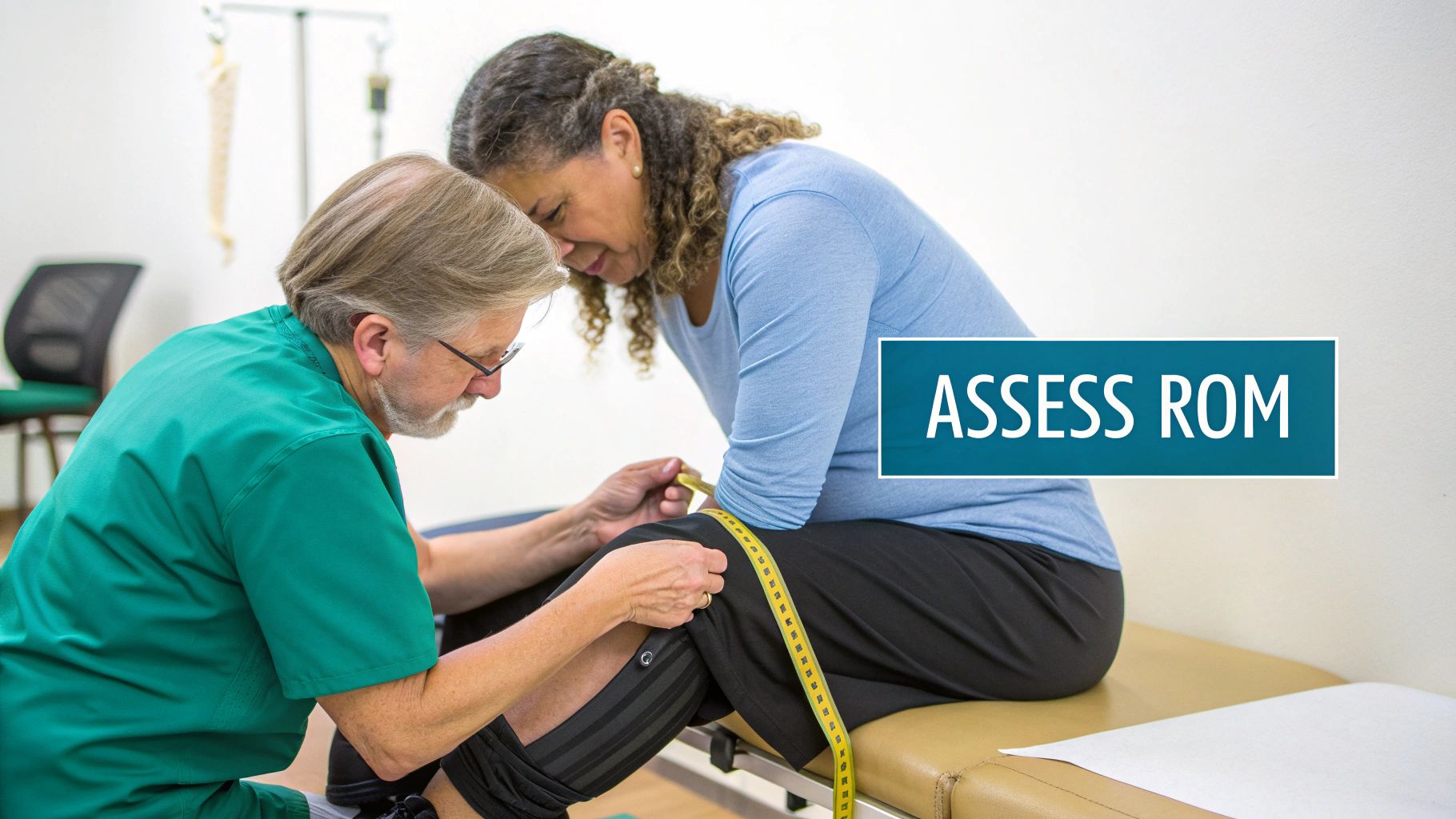 A healthcare professional measures a patient's knee with a tape measure to assess range of motion.