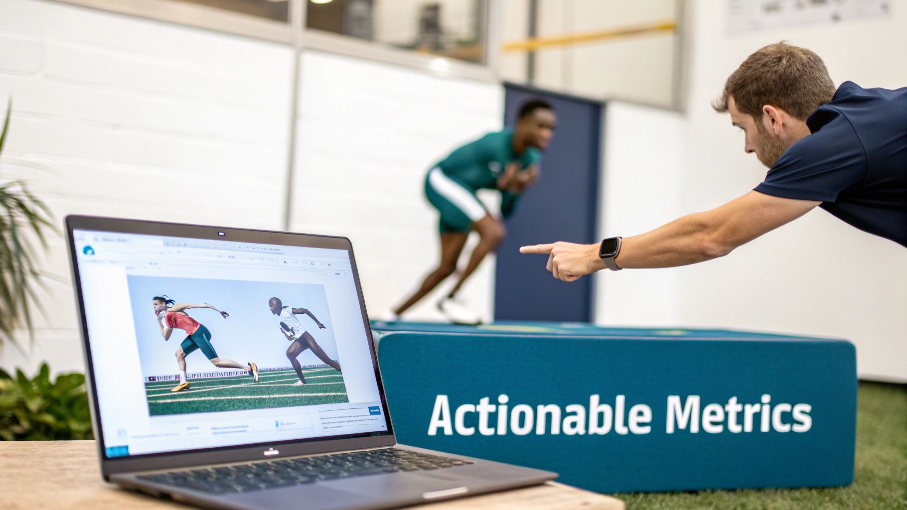 A coach points at an athlete in motion, while a laptop displays running data, emphasizing "Actionable Metrics".