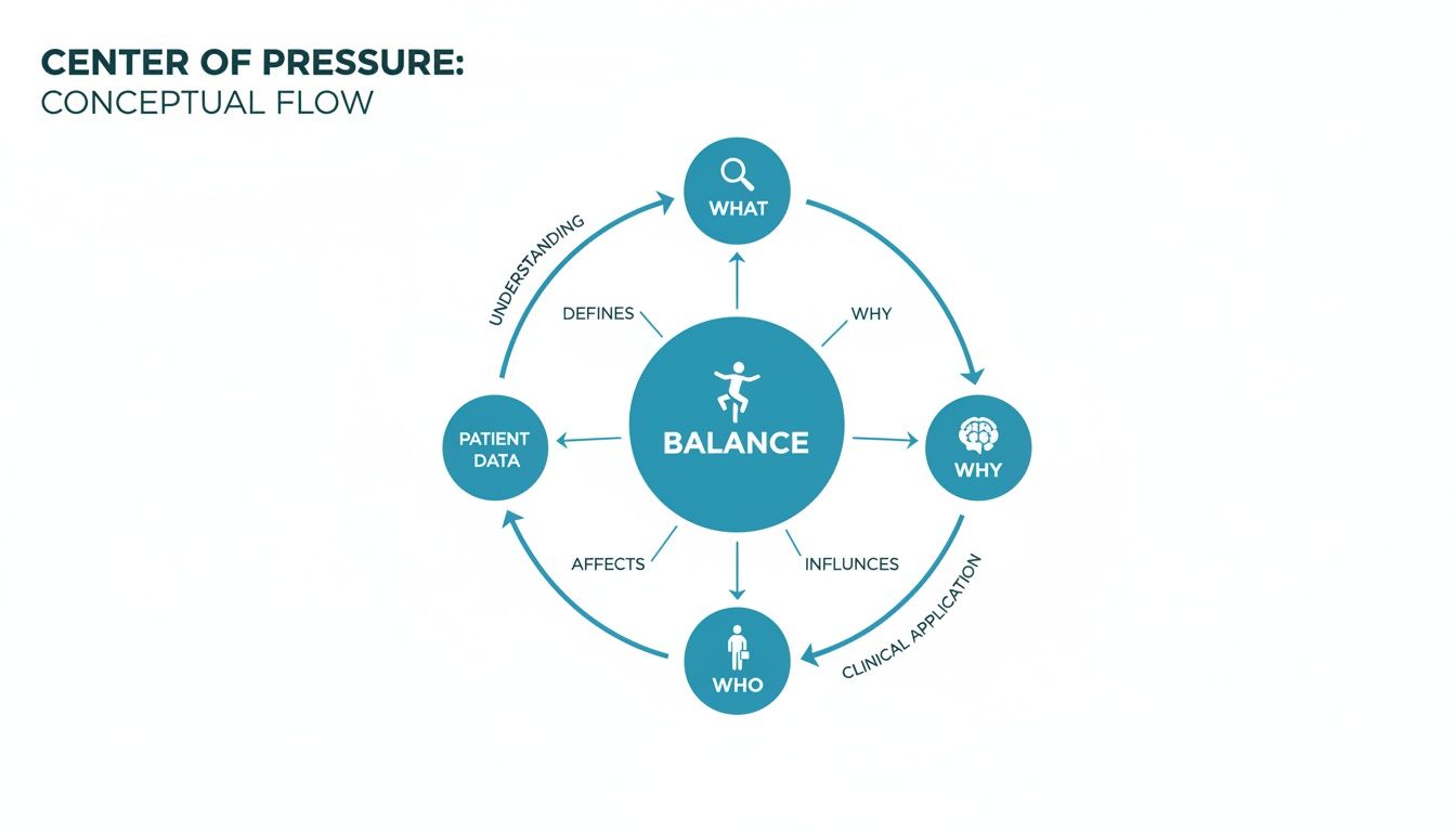 Conceptual flow diagram illustrating balance, patient data, what, why, and who in a circular model.