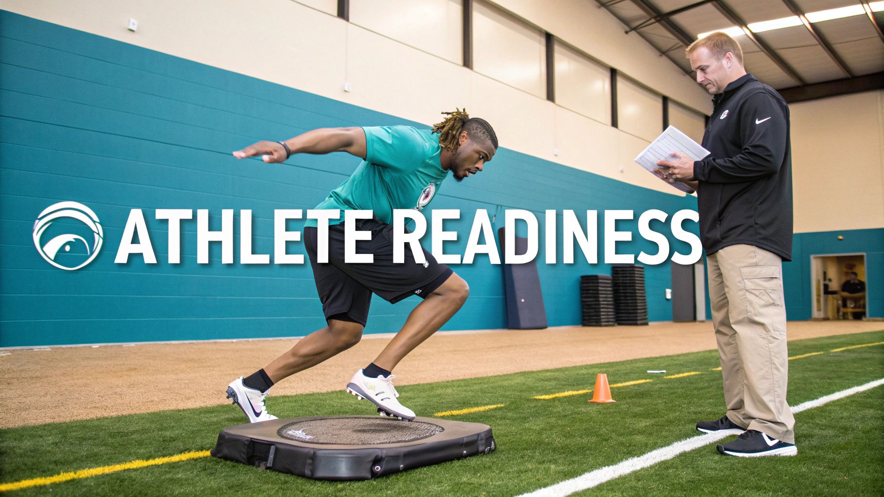 Athlete performing a balance exercise on a force plate, with a coach recording data in an indoor facility.