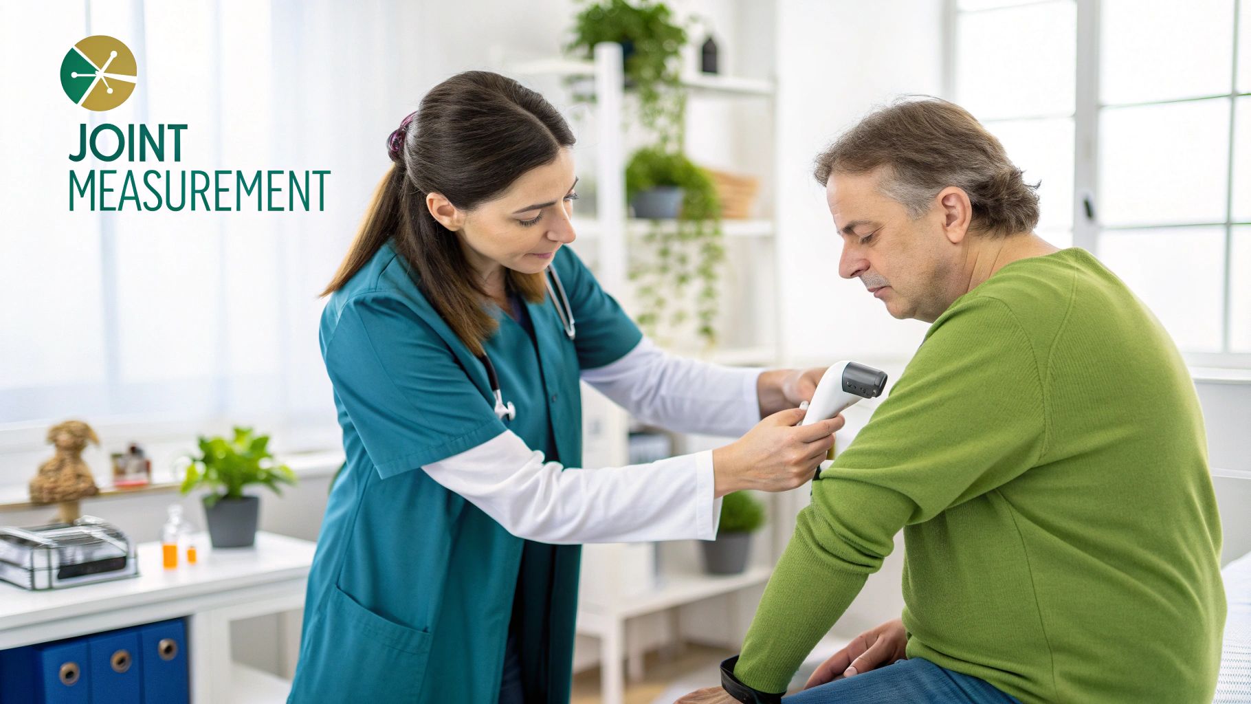 A physical therapist using a goniometer to measure the range of motion in a patient's knee joint
