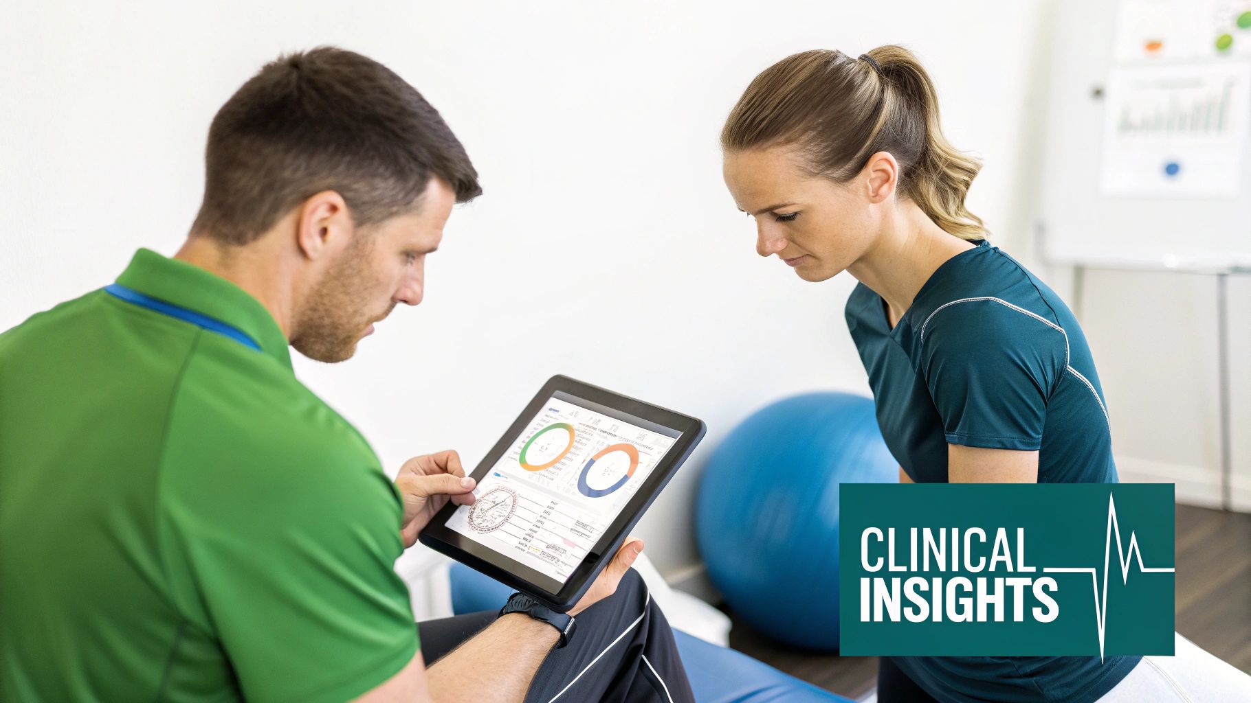 Physical therapist showing health data on a tablet to a female patient during a consultation in a clinic.
