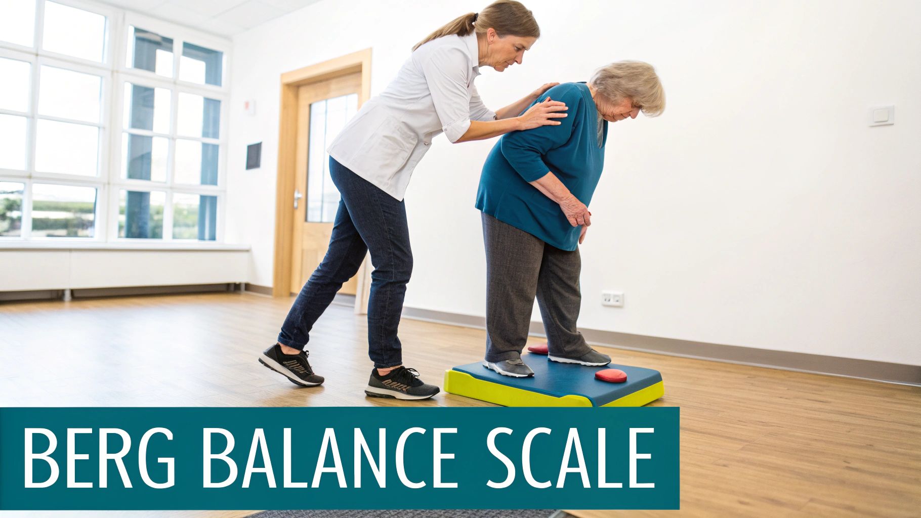 An older man performs a physical therapist in a clinical setting, demonstrating the type of movements assessed by balance tests.