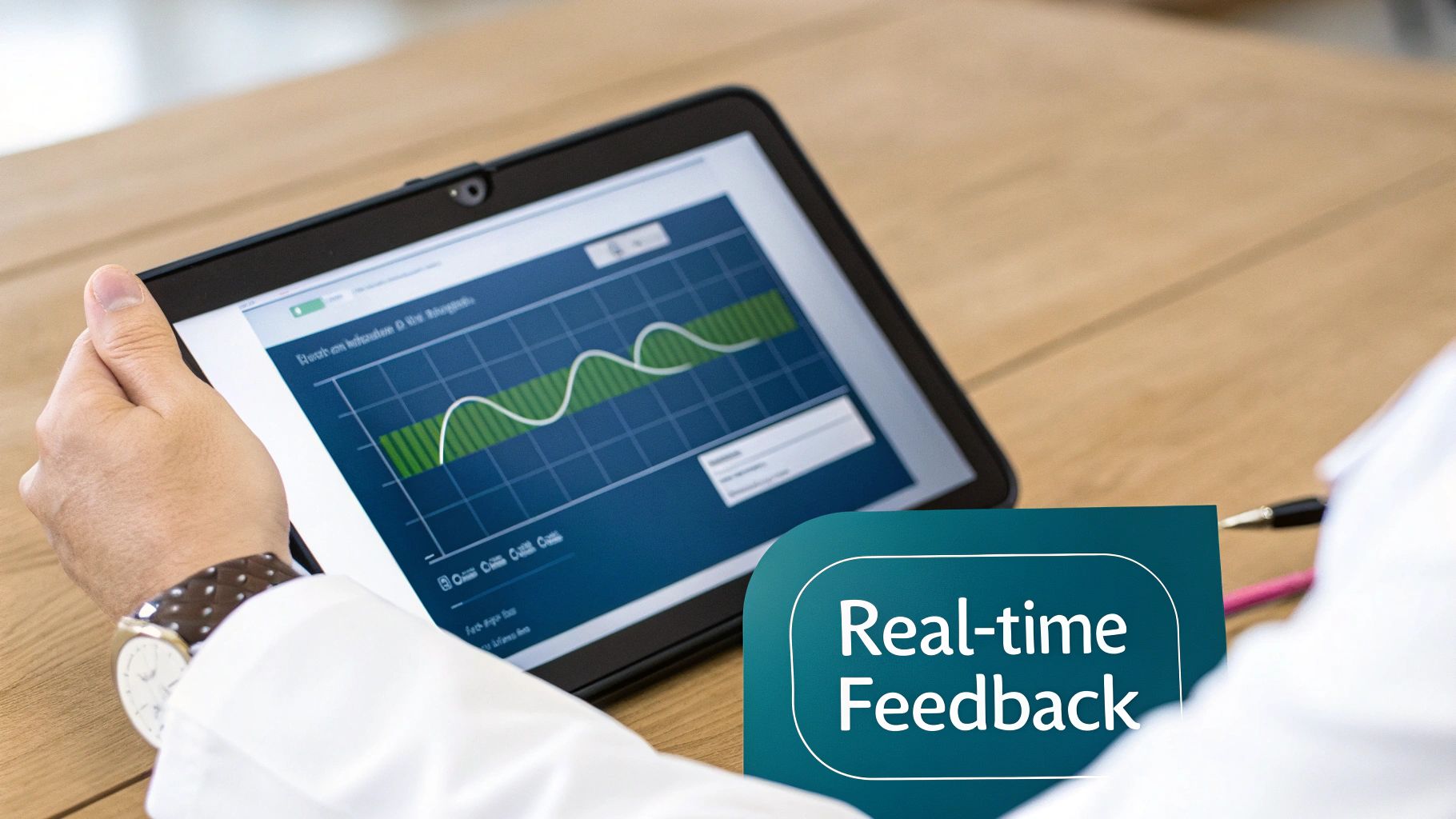 A person's hand holds a tablet displaying a data graph with real-time feedback, on a wooden table.