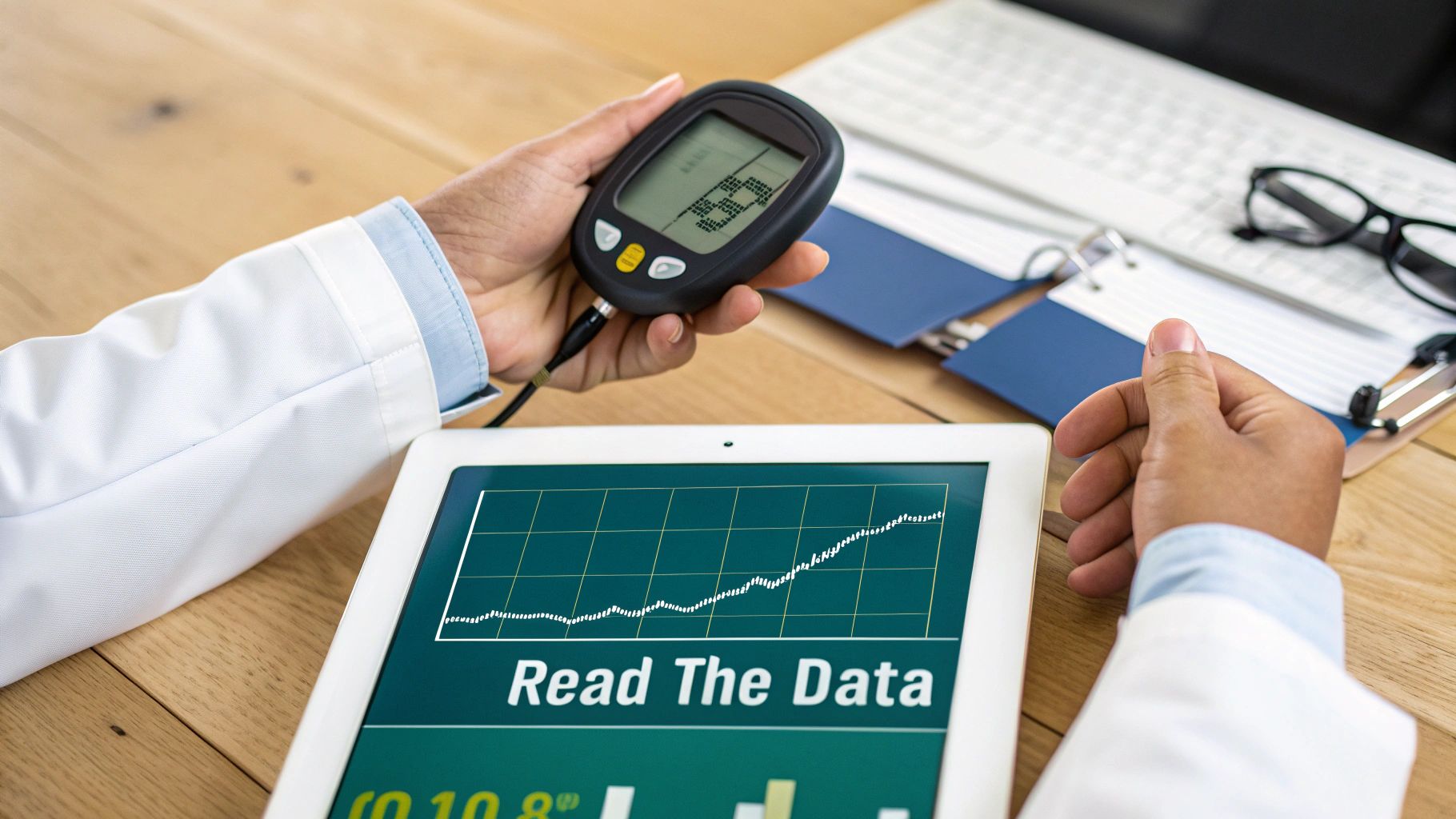 A physical therapist reviewing data on a tablet with a patient, showing progress charts from dynamometer readings.