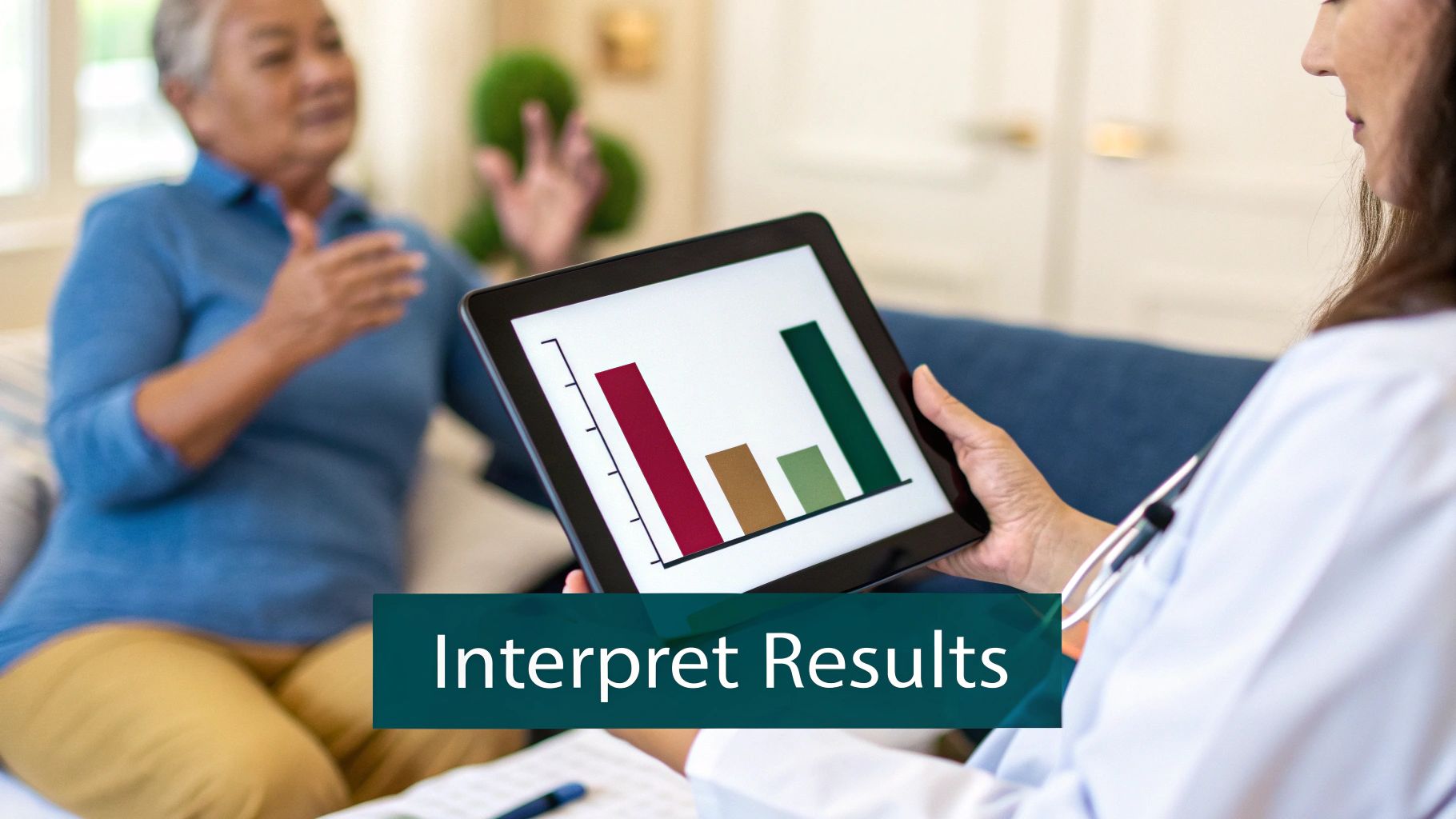 A medical professional shows an older patient a tablet displaying a bar graph of results.