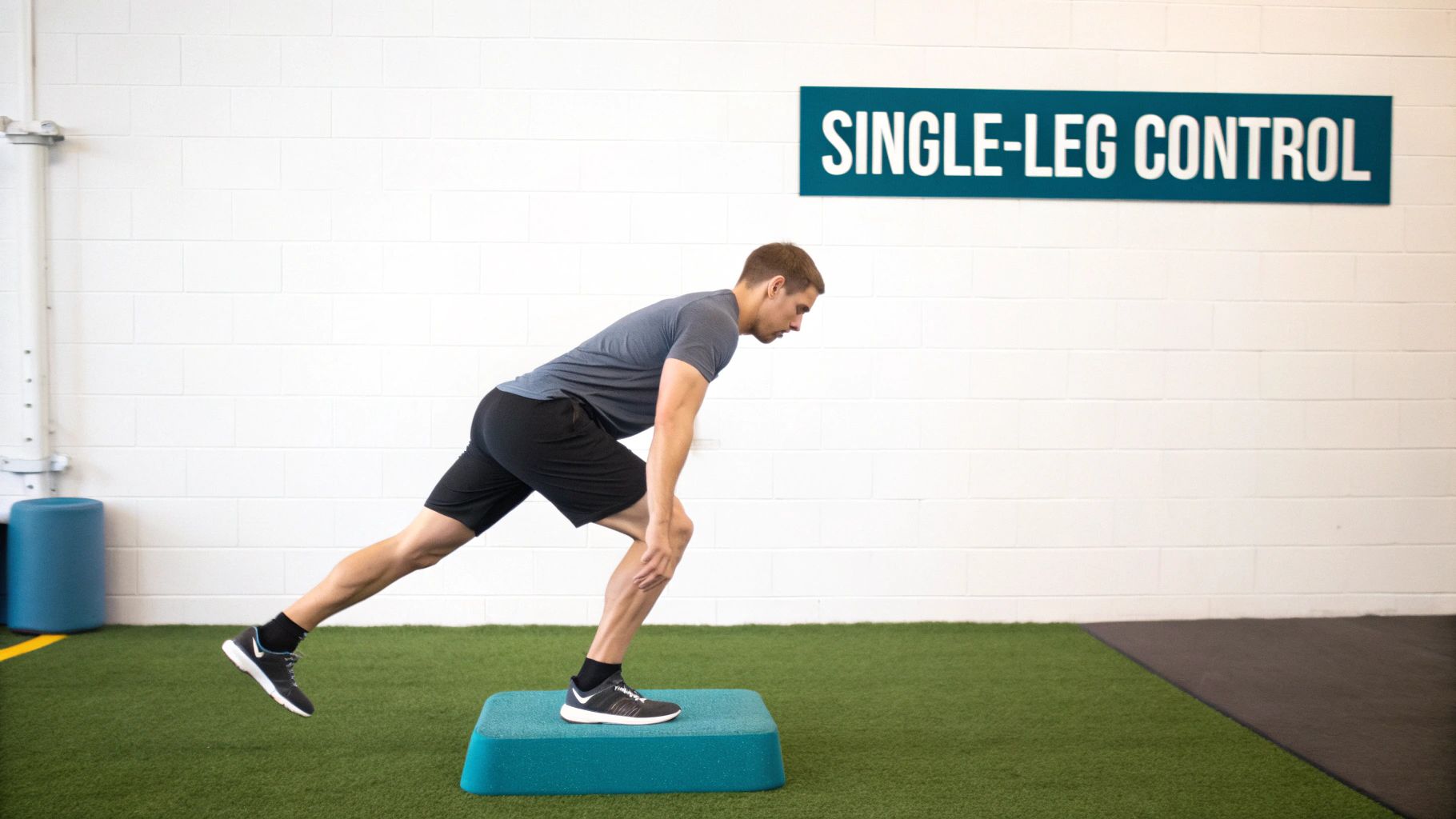 A man balances on one leg on a blue step, performing a single-leg control exercise in a gym.