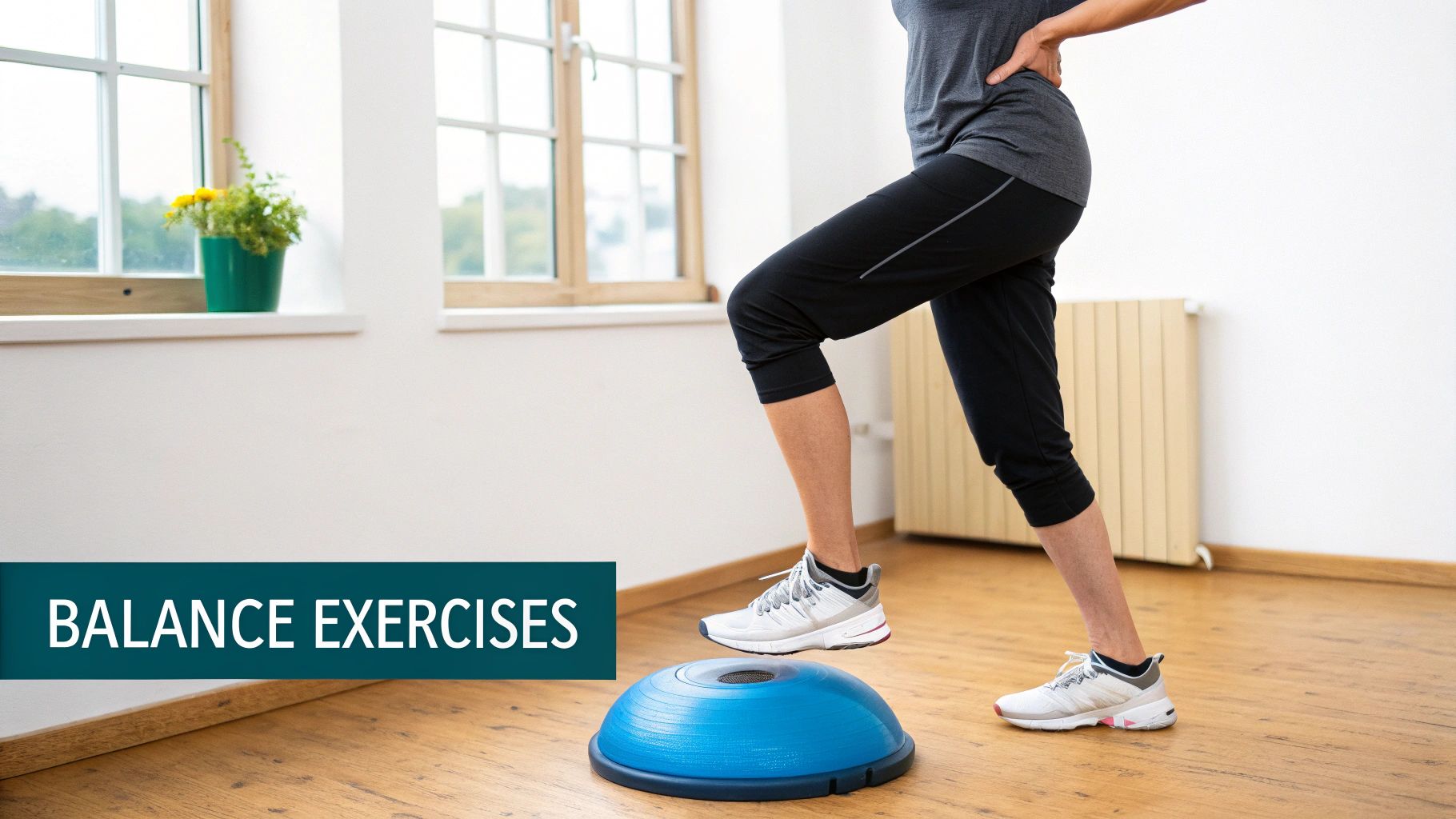 A person performs balance exercises on a blue BOSU ball indoors.