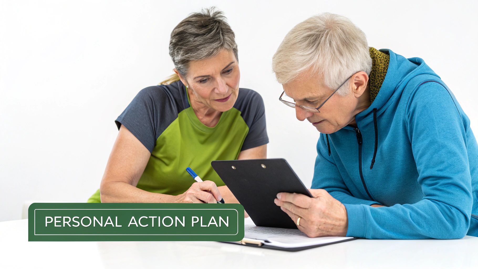 Two seniors reviewing a personal action plan, with one woman holding a pen and a man wearing glasses.