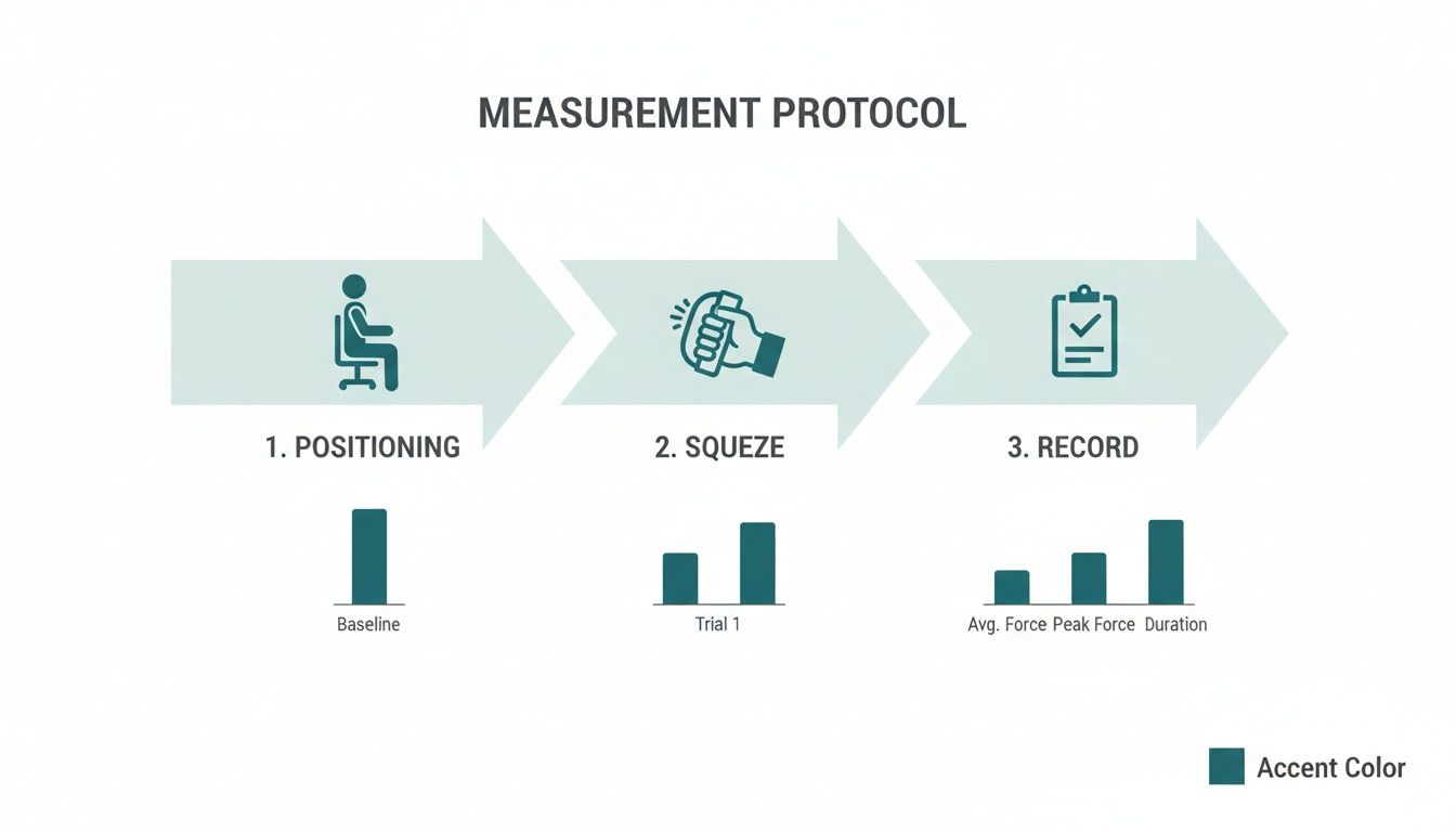 A measurement protocol infographic illustrating three steps: positioning, squeeze, and record, with bar charts for data.