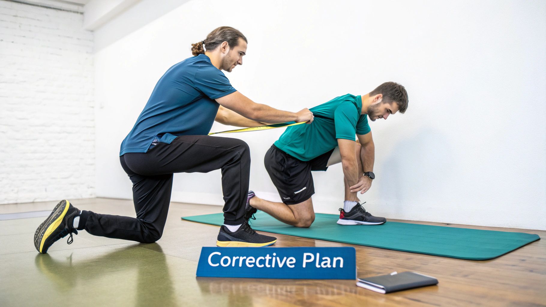 A male therapist assists another man with a resistance band exercise on a mat, part of a corrective plan.