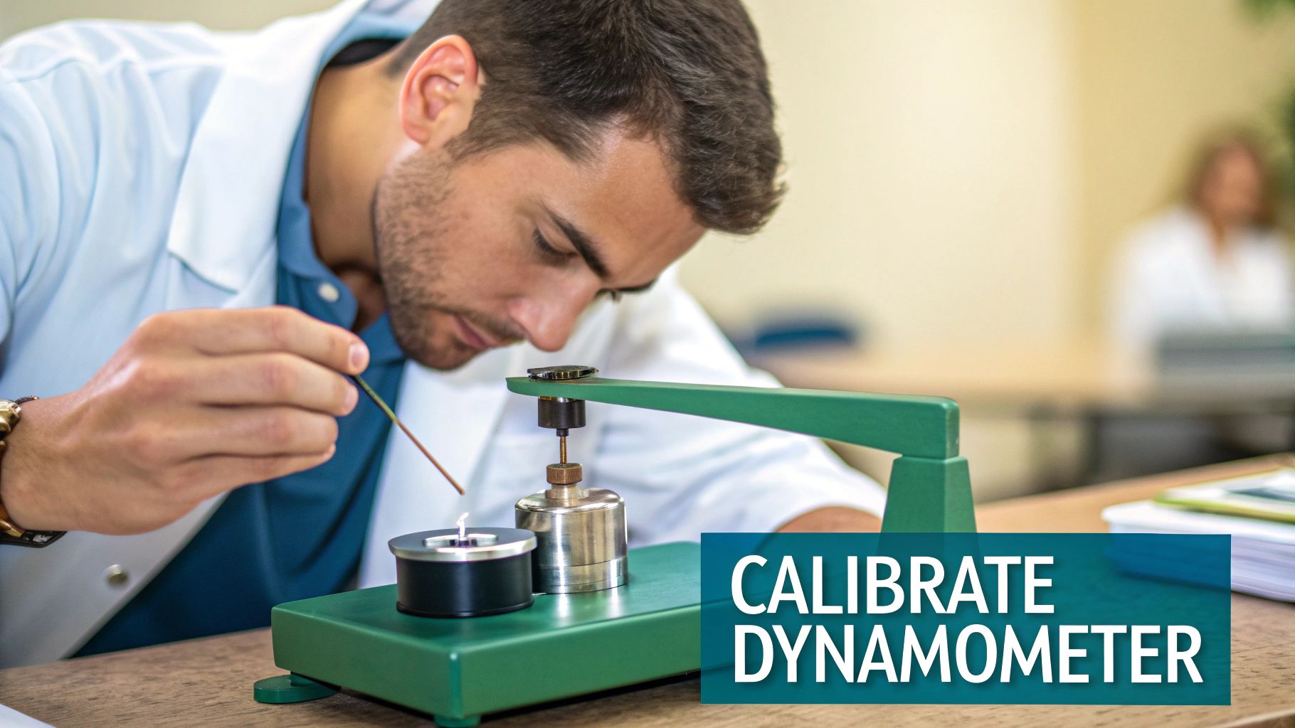 A man in a lab coat carefully calibrates a dynamometer instrument in a laboratory setting.