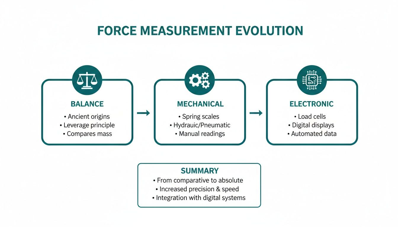 Infographic showing the evolution of force measurement from balances to mechanical and electronic systems.