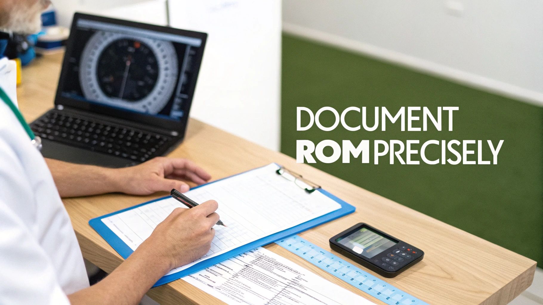 A medical professional precisely documents range of motion on a clipboard, using a laptop and other tools.
