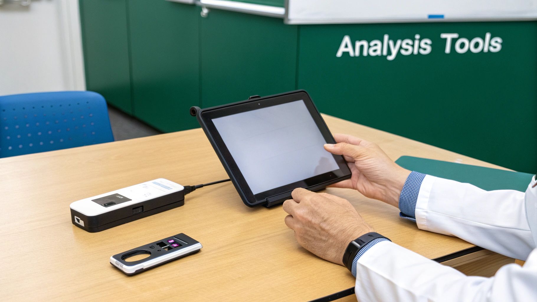 A practitioner using a tablet to analyze an athlete's movement patterns