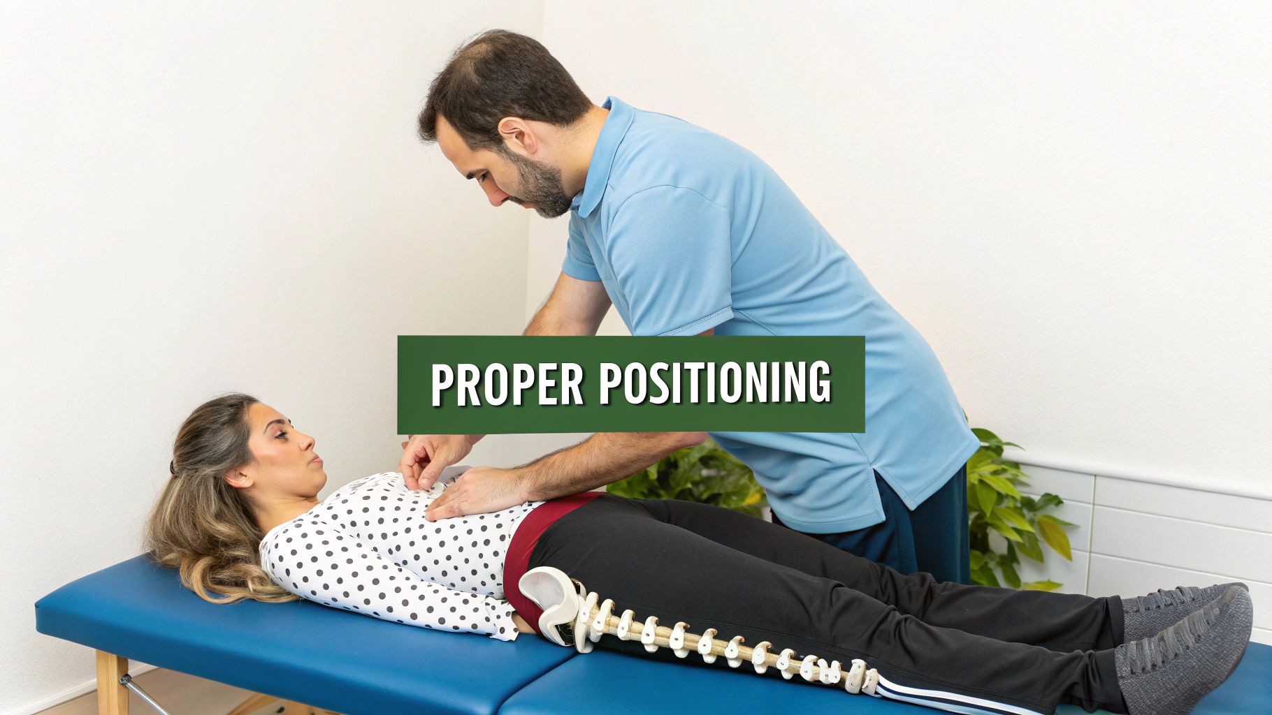 A physiotherapist instructs a female patient on proper positioning for a medical assessment.