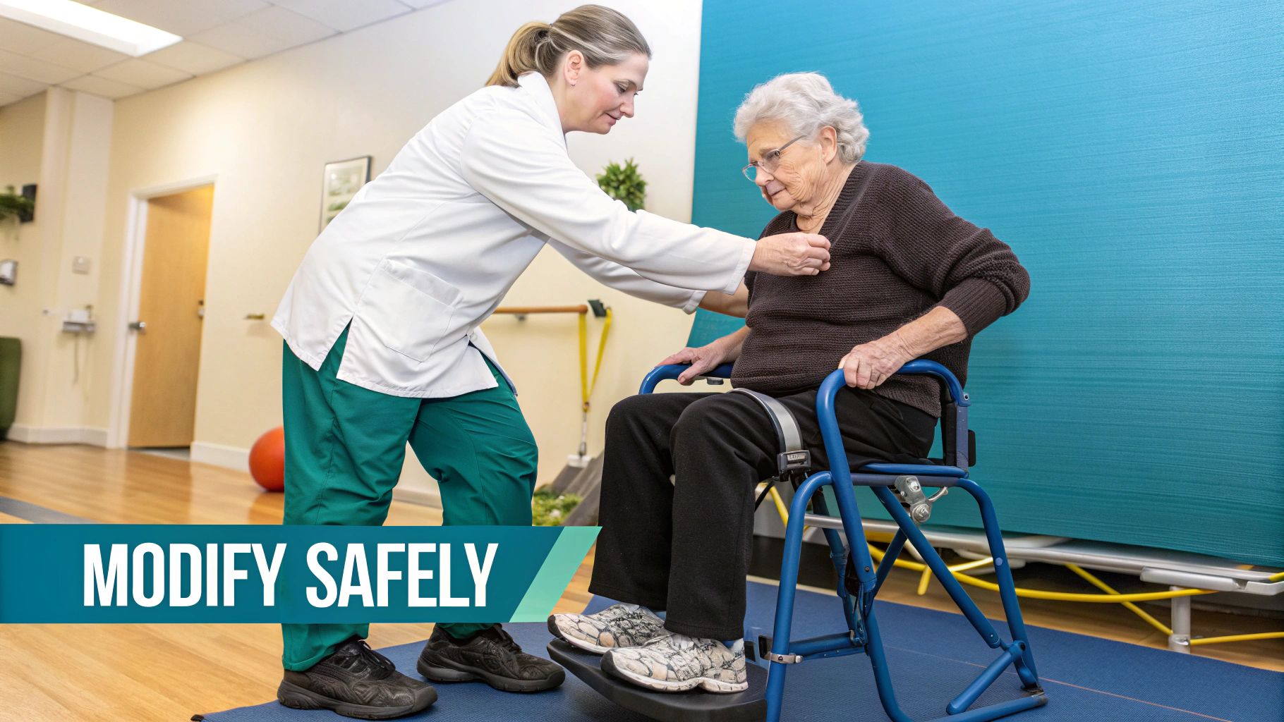 A physical therapist guides an older adult through a sit-to-stand exercise in a clinic setting.