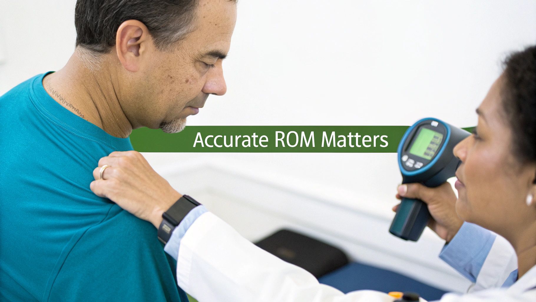 A healthcare professional uses a digital device to measure a male patient's shoulder range of motion.