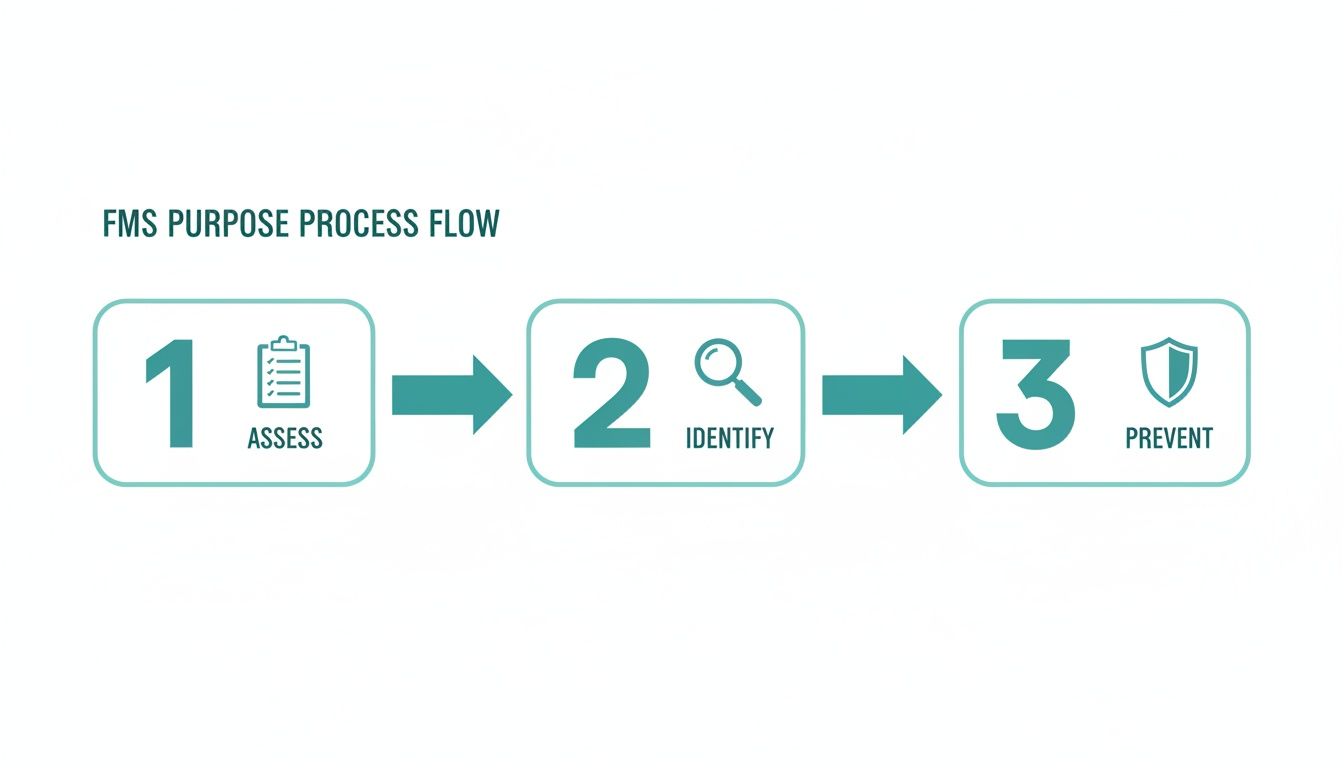 A three-step FMS purpose process flow: 1. Assess, 2. Identify, and 3. Prevent.
