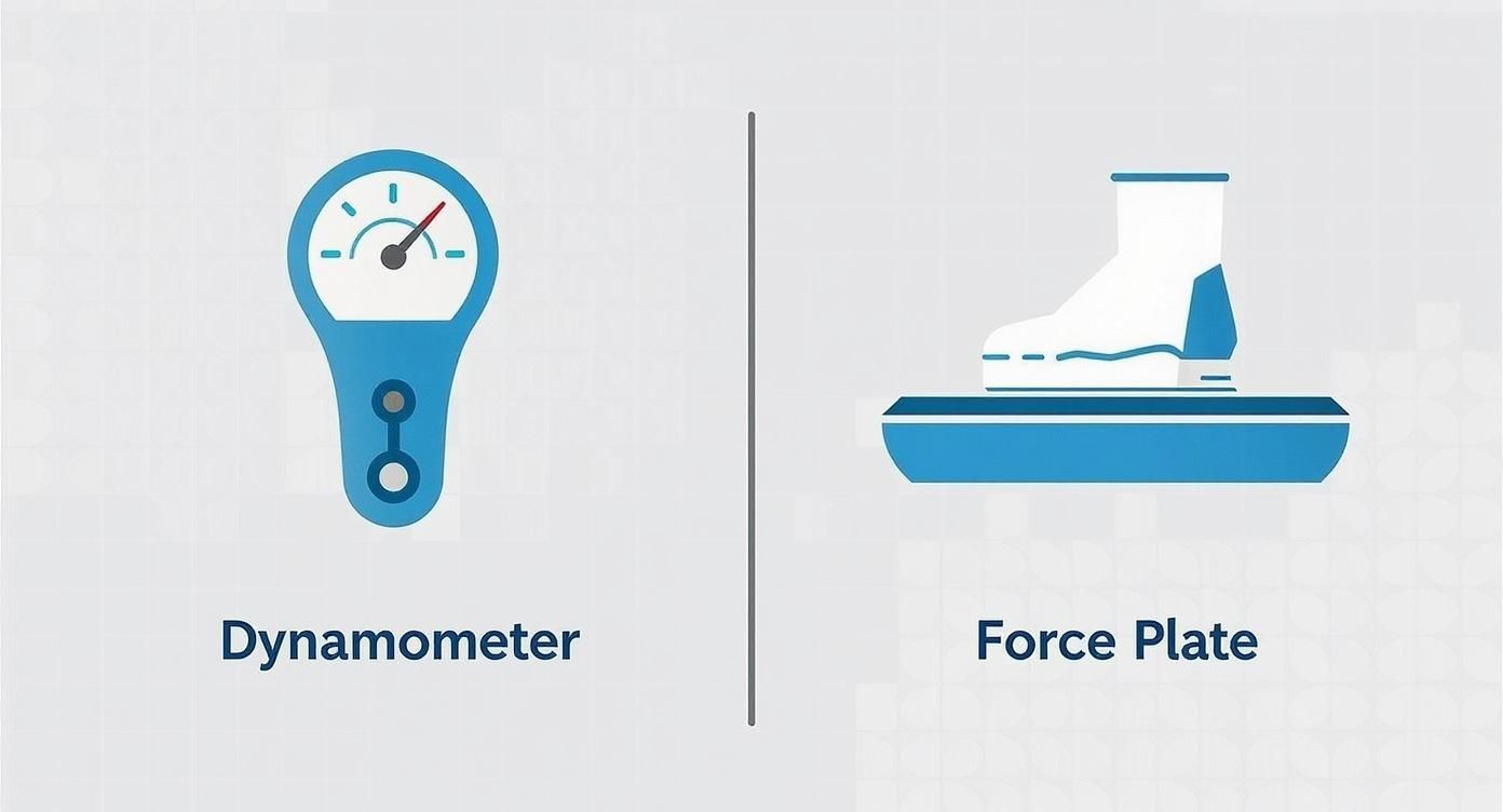 Infographic comparing a handheld dynamometer for isolated force measurement with a force plate for dynamic ground reaction force analysis.