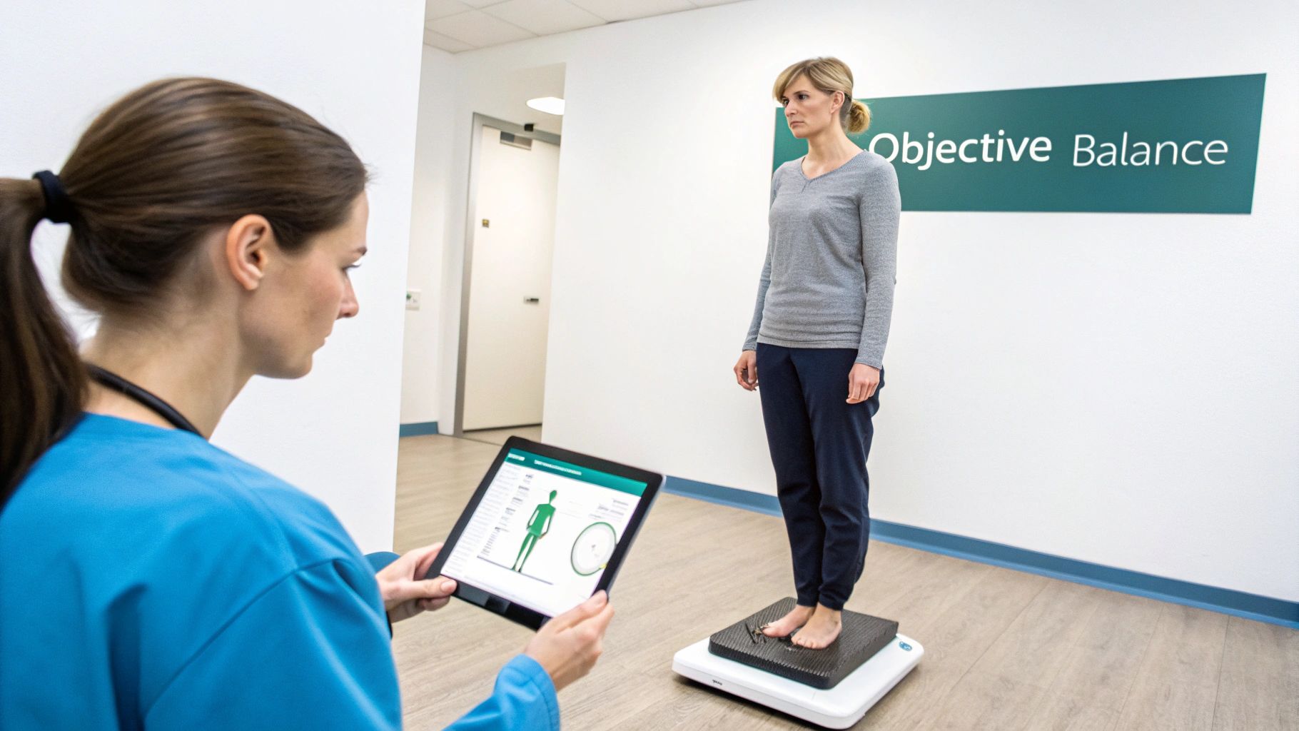 A healthcare professional uses a tablet to monitor a woman undergoing a balance test on a specialized scale.