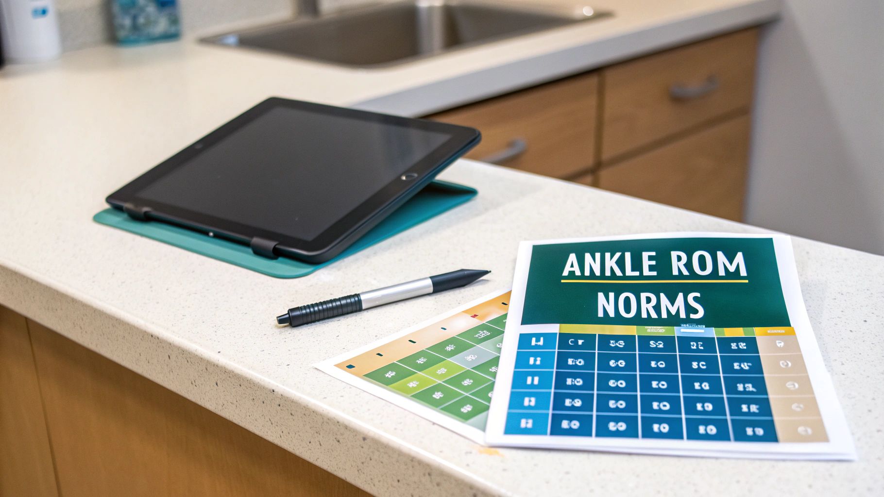 A tablet, pen, and an 'Ankle ROM Norms' chart sit on a bright countertop.