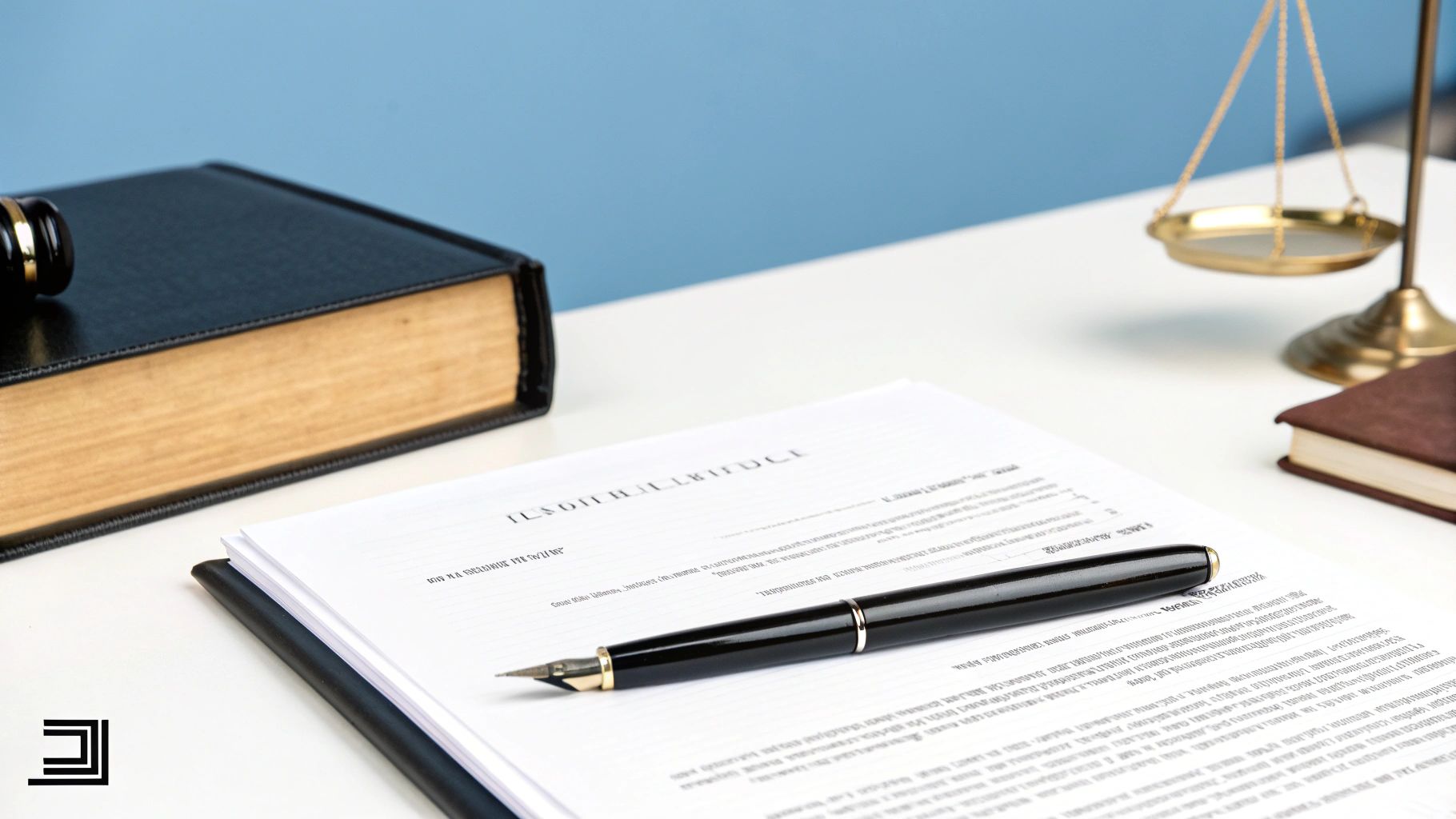 שולחן עבודה עם מסמכים משפטיים, ספר שחור, עט נובע ומאזני צדק, המרמז על ענייני חוק וירושה.