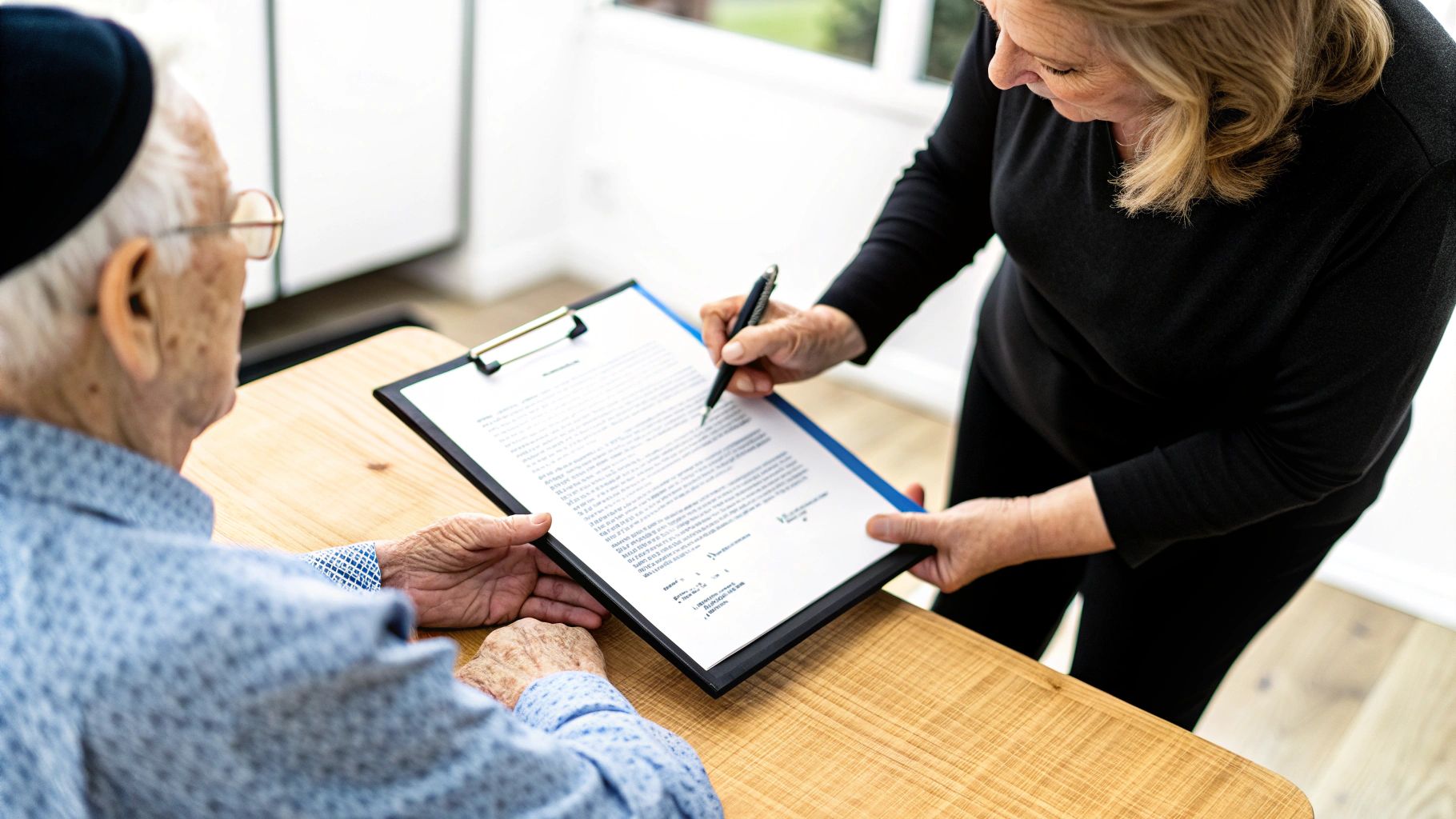 מסמך משפטי המונח על שולחן לצד עט ומשקפיים