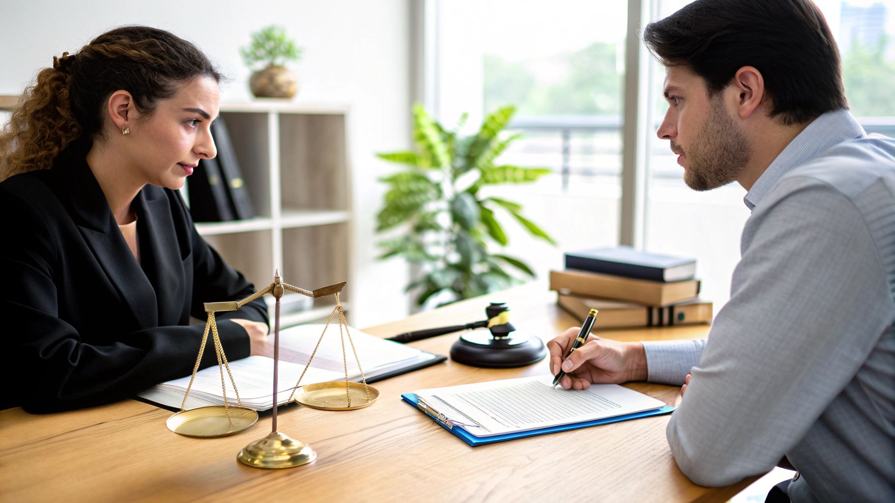 עורכת דין ולקוח יושבים יחד במשרד, דנים בעניינים משפטיים עם מאזני צדק על השולחן.