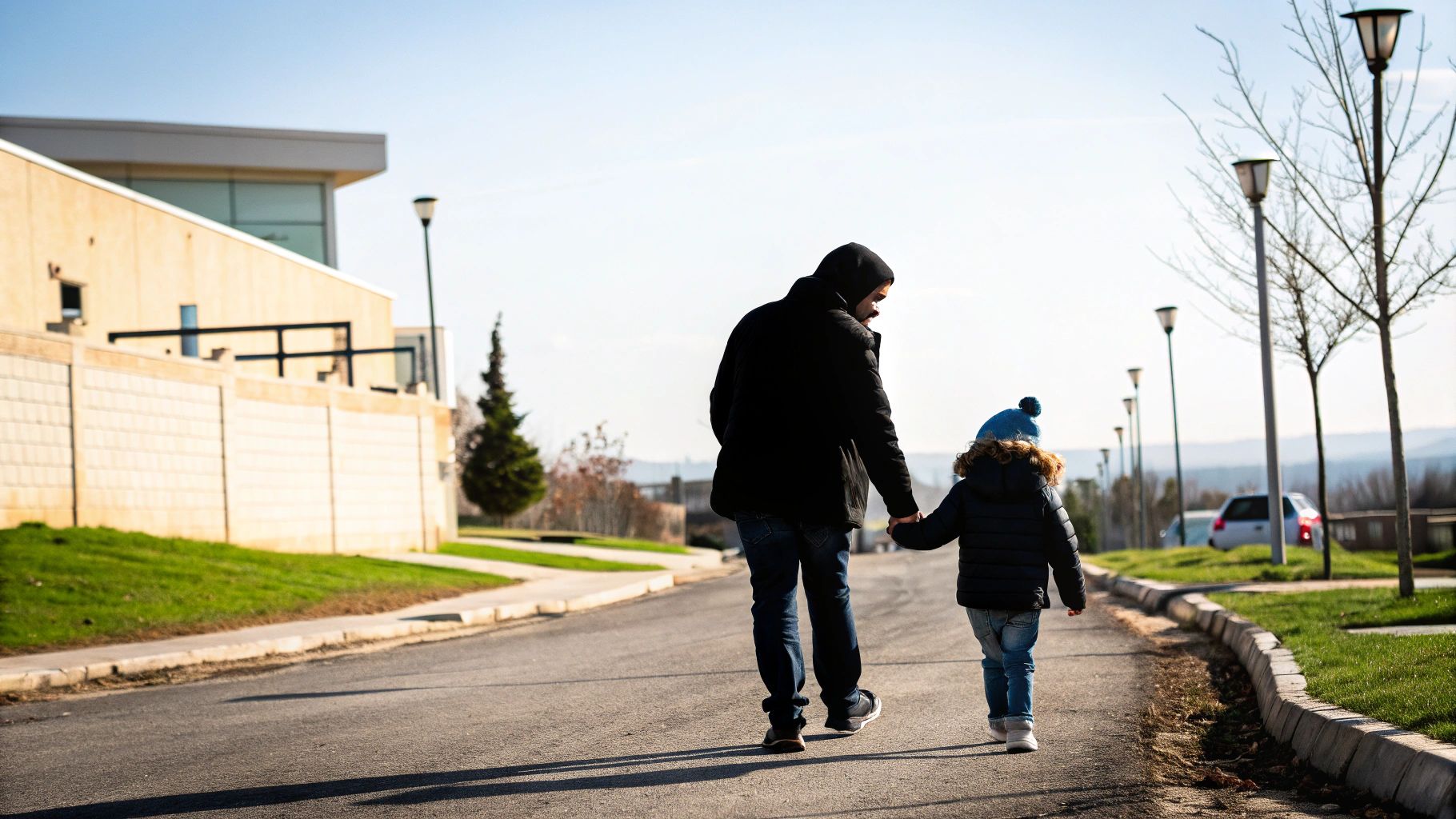 אב וילד קטן הולכים יד ביד על כביש מרוצף, נראים מאחור ביום שמש.