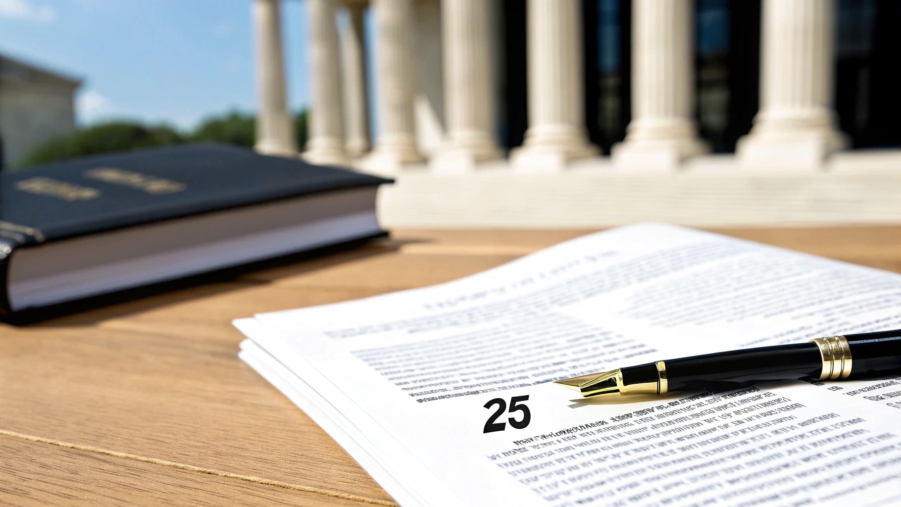 ספר חוקים, עט נובע ומסמכים על שולחן עץ, עם עמודים מפוארים של בניין בית משפט ברקע.