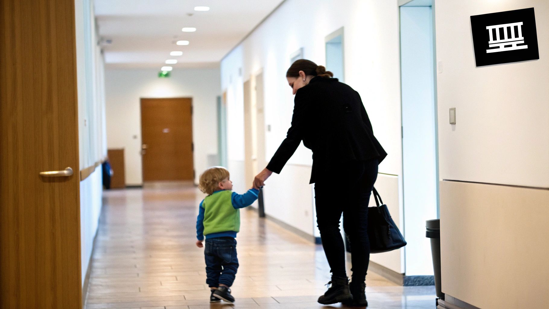 אישה וילד קטן אוחזים ידיים והולכים במסדרון מואר, עם דלתות בצדדים.