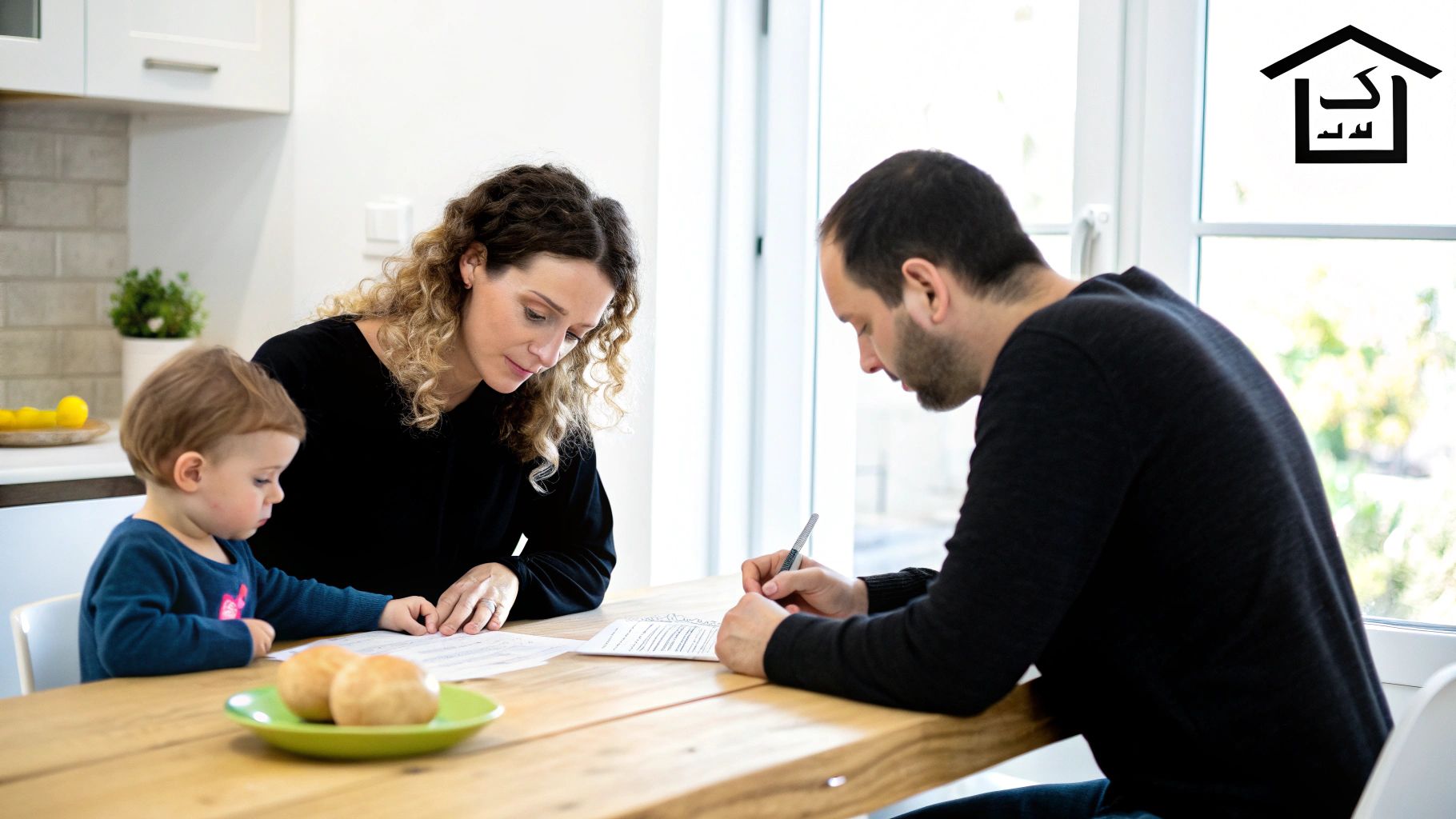 זוג חותם על מסמכים במשרד עורכי דין, המסמל הסכמה ושיתוף פעולה