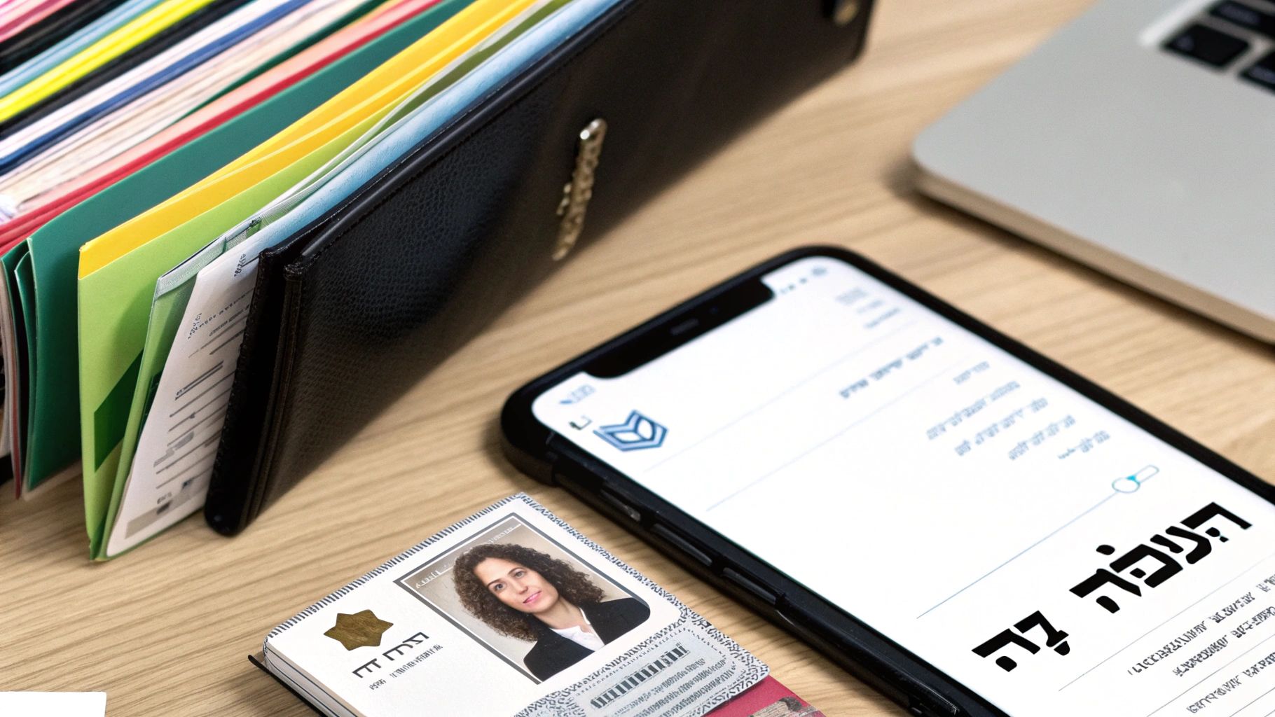 ארנק עם מסמכים משרדיים, סמארטפון עם אפליקציה ותעודת זהות על שולחן עץ.