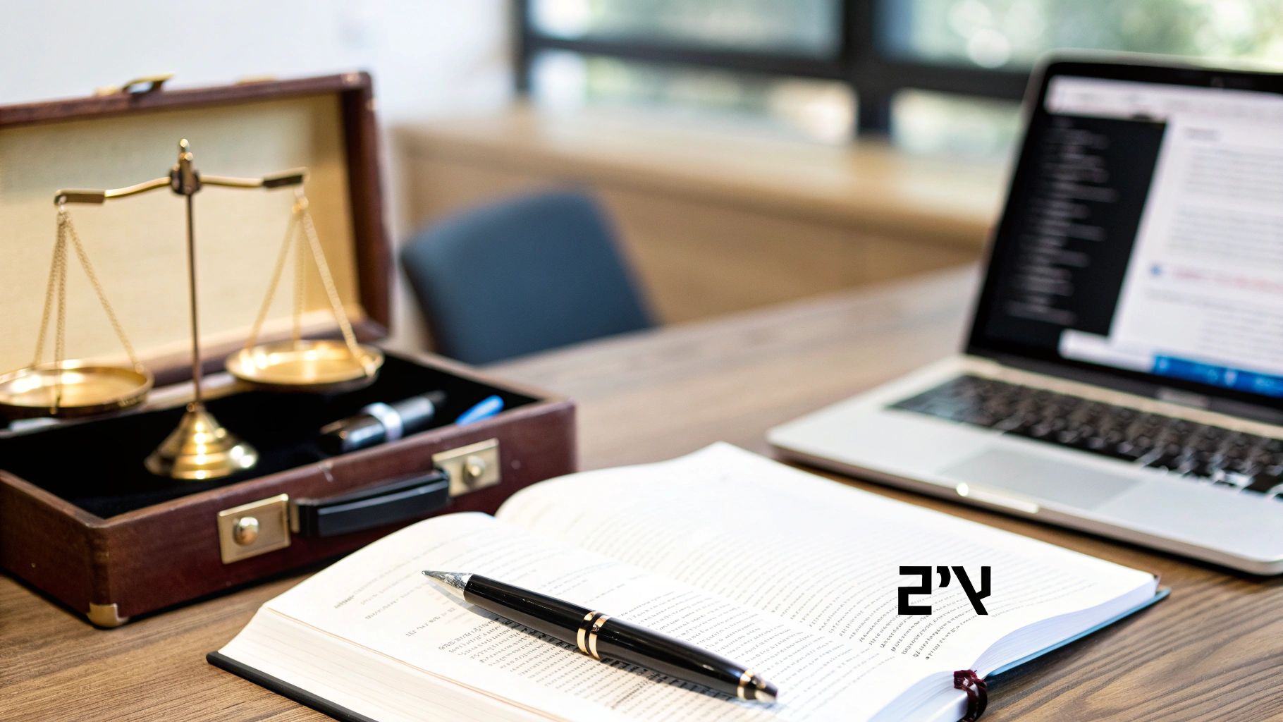 שולחן עבודה עם מאזני צדק, ספר פתוח, עט ולפטופ, סביבת עבודה מקצועית.