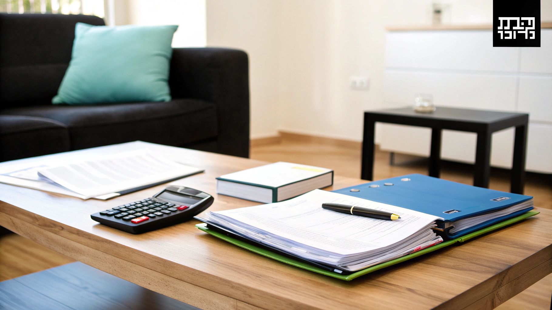 שולחן עץ עם מסמכים, מחשבון, עטים ותיקיות, בסביבה ביתית עם ספה וכרית טורקיז.