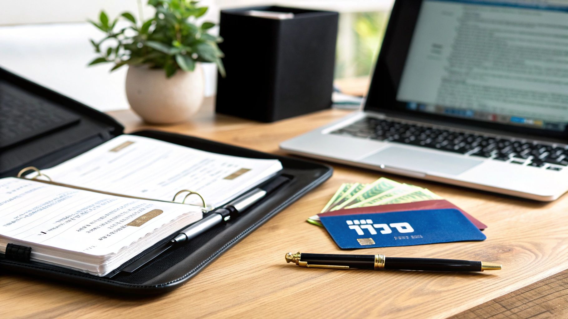 אישה יושבת מול שולחן מלא במסמכים ומתכננת את צעדיה המשפטיים