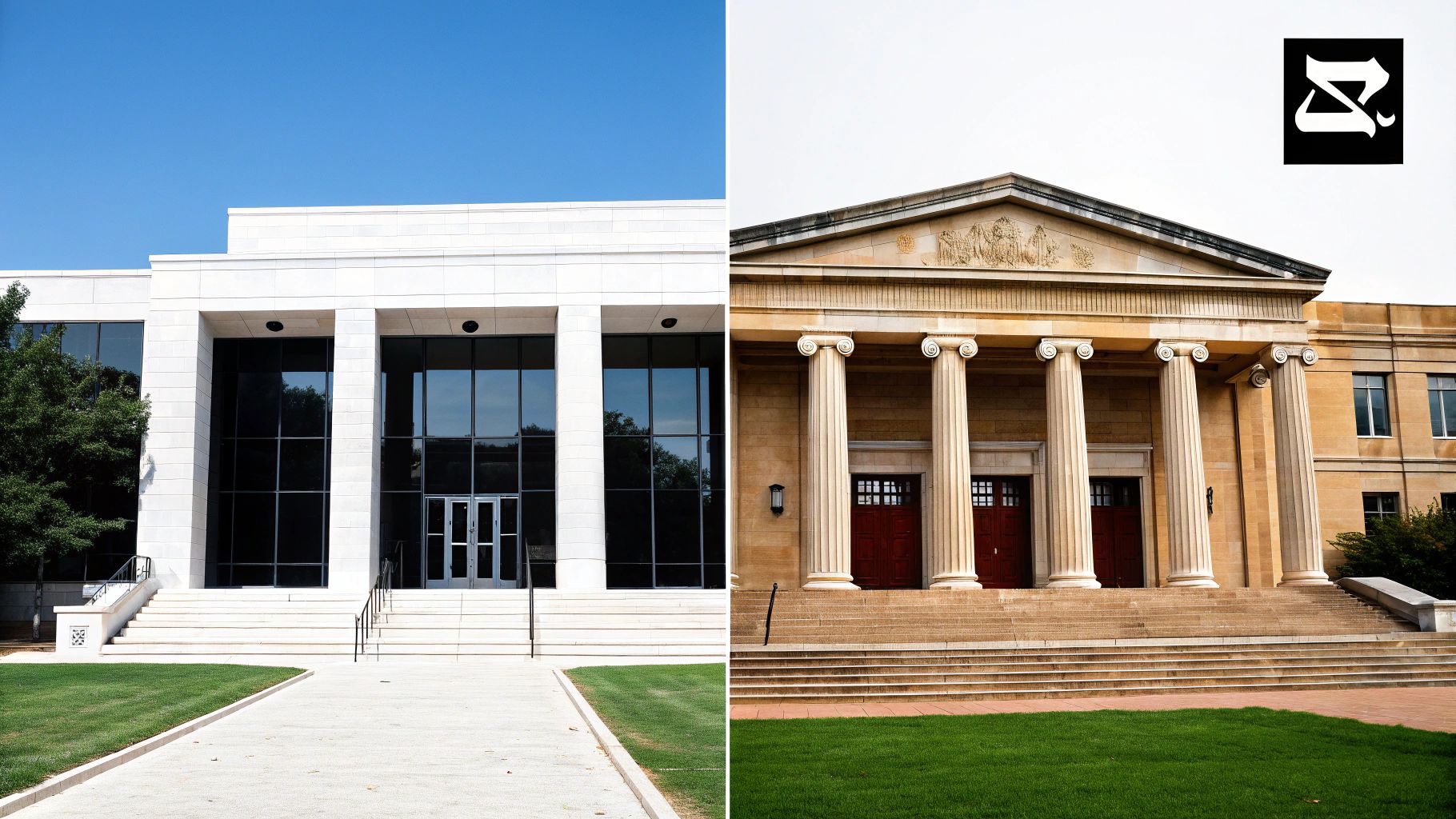 תמונה מחולקת של שני מבני ציבור: בצד שמאל מבנה מודרני לבן, ומימין מבנה קלאסי מבז' עם עמודים.